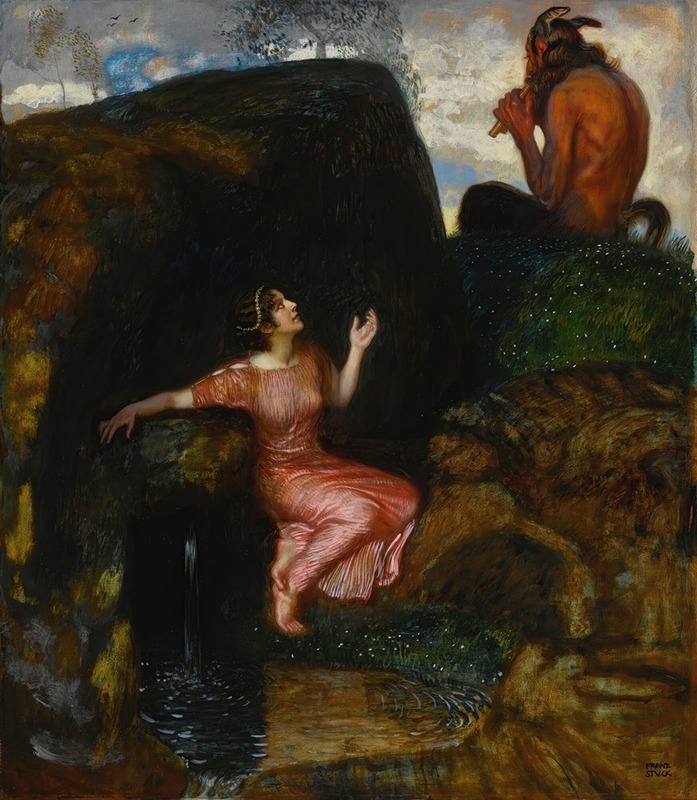 Franz von Stuck's 'An Der Quelle (Lauschende Nymphe)' depicts a serene nymph by a water source.