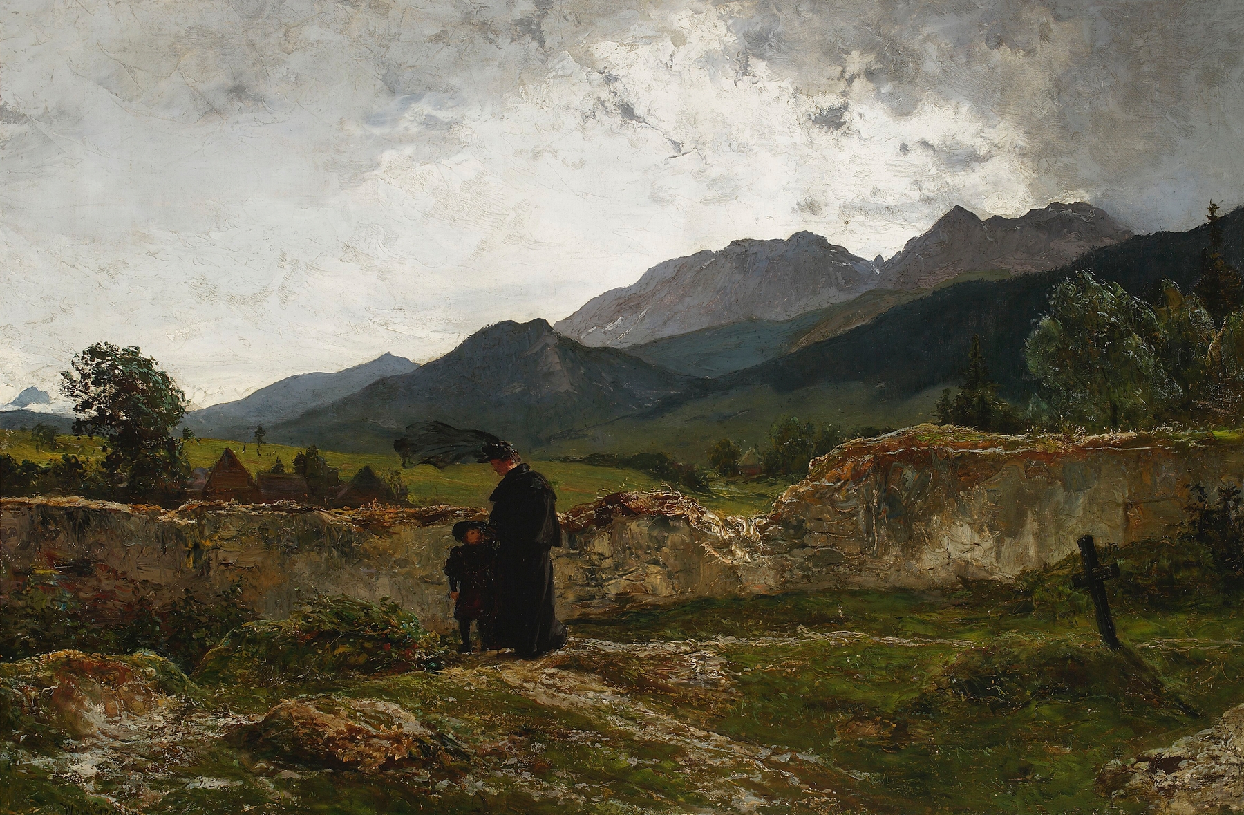 Graveyard in the mountains by Wojciech Gerson, realism, depicting gravestones and mountains.