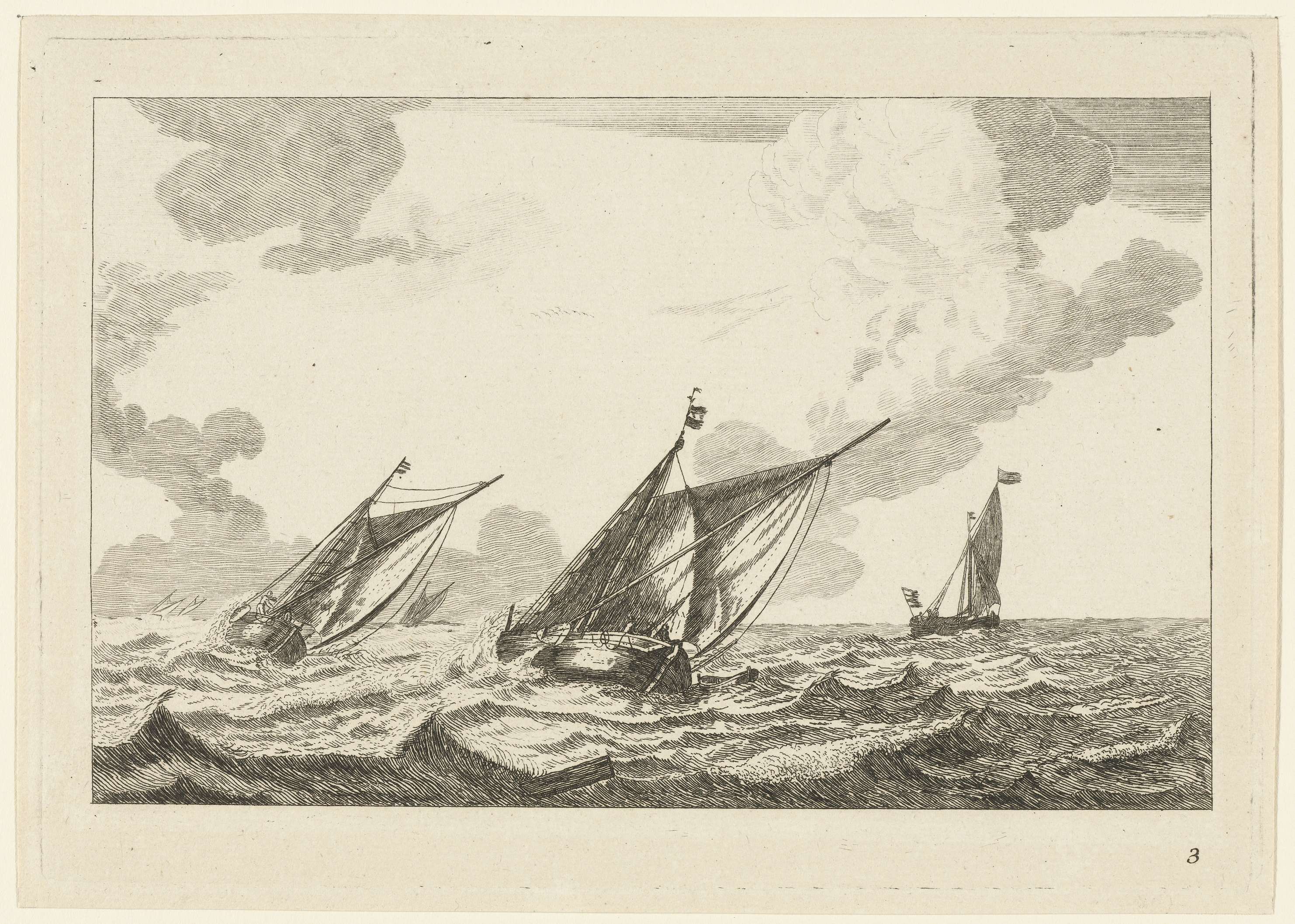 Drie zeilschepen op een ruwe zee, by Unknown Artist, public domain