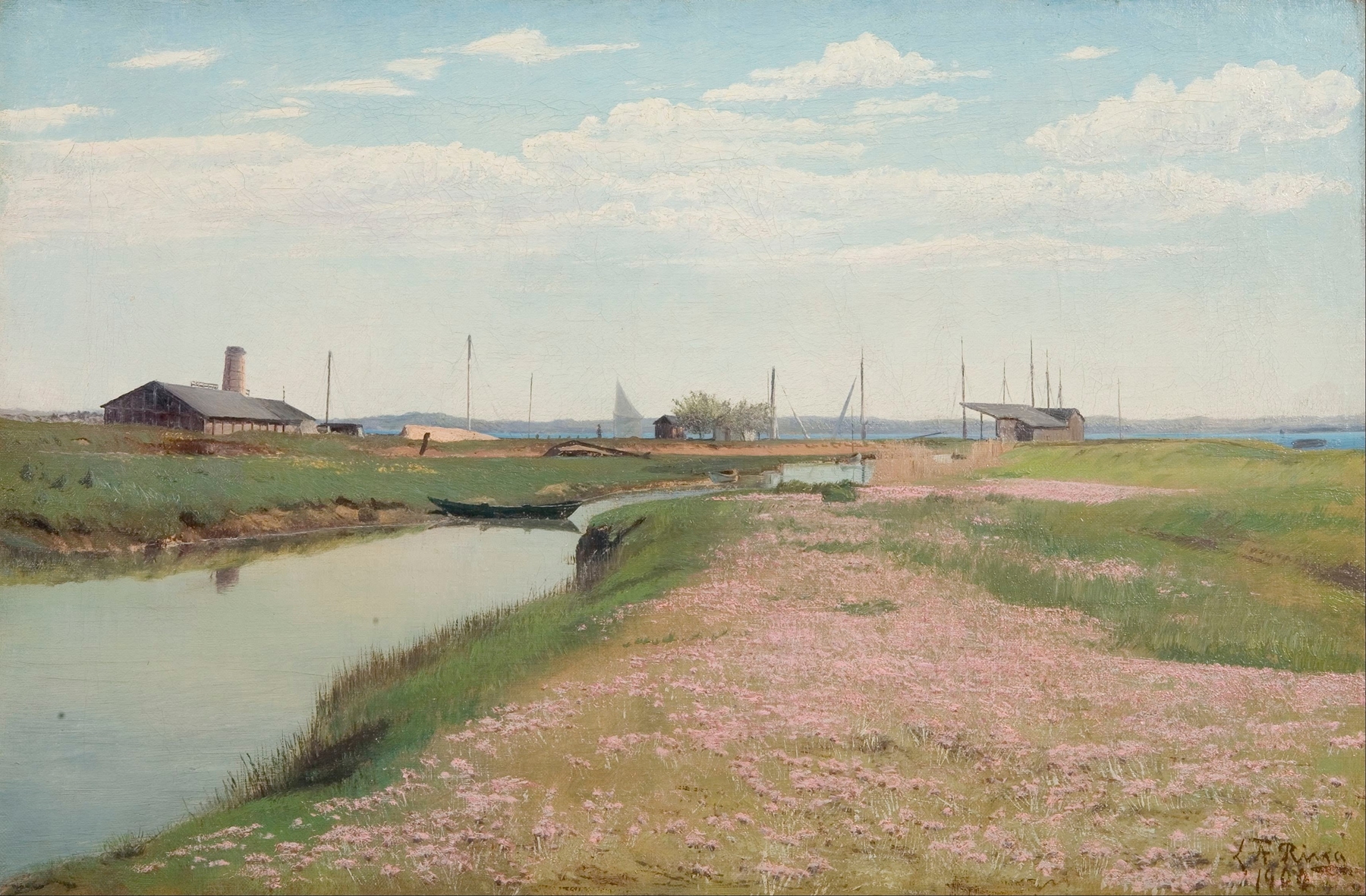 The river and the harbour at Frederiksværk by Laurits Andersen Ring, Impressionism, depicting a tranquil landscape