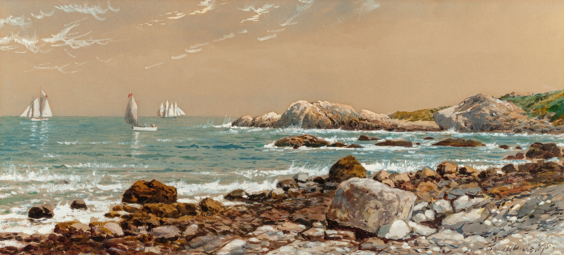 Ships at sea on a rocky coast, oil painting by Edmund Darch Lewis