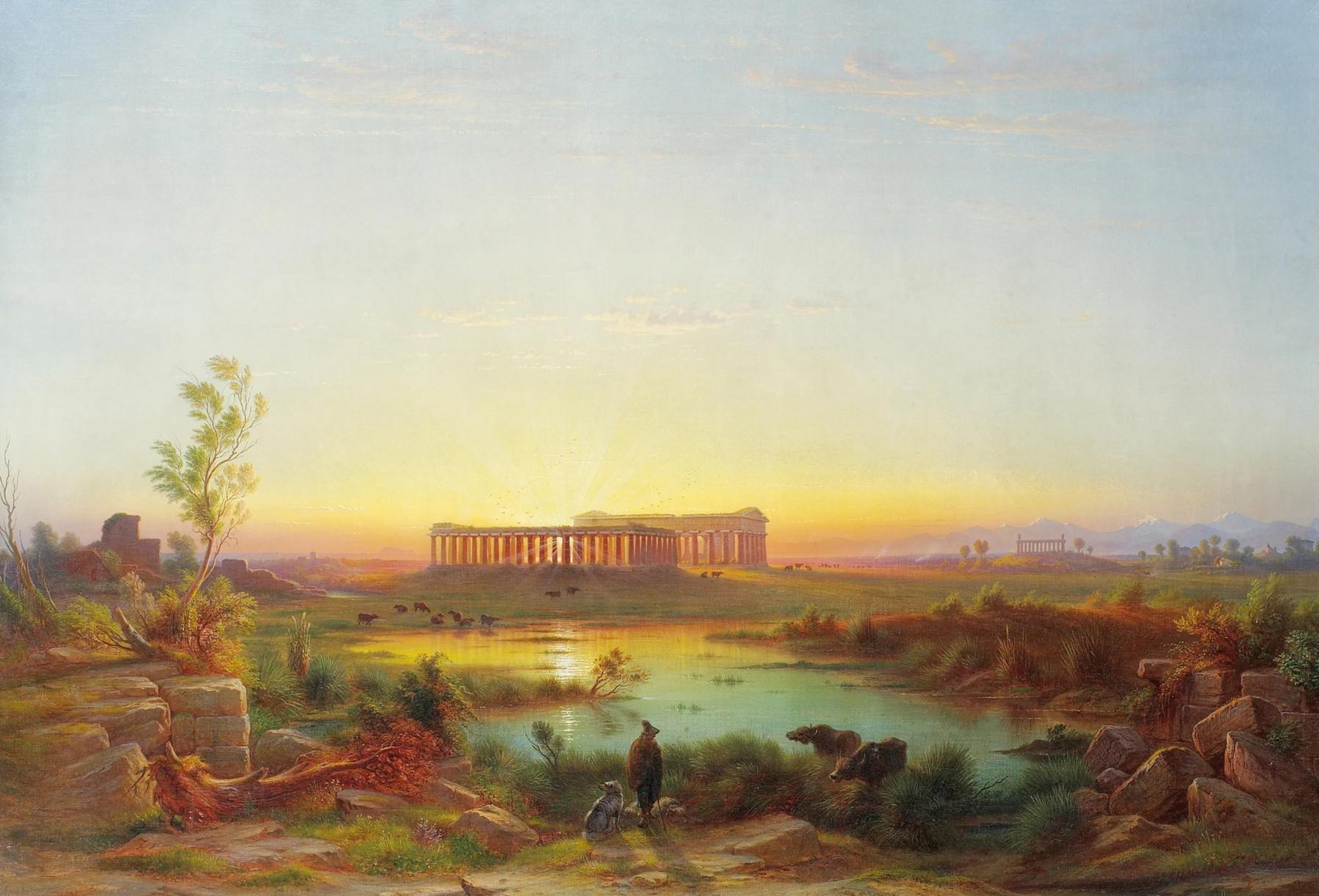 Vue de Paestum by Johann-Rudolf Bühlmann, oil painting of ruins under sunlight.