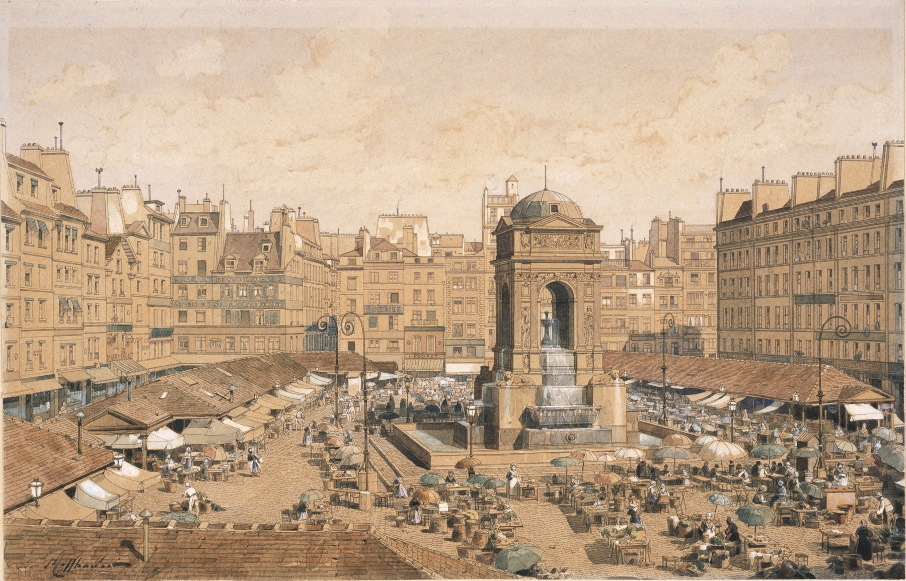 Genre scene depicting a market with a fountain, by Fédor Hoffbauer, oil painting