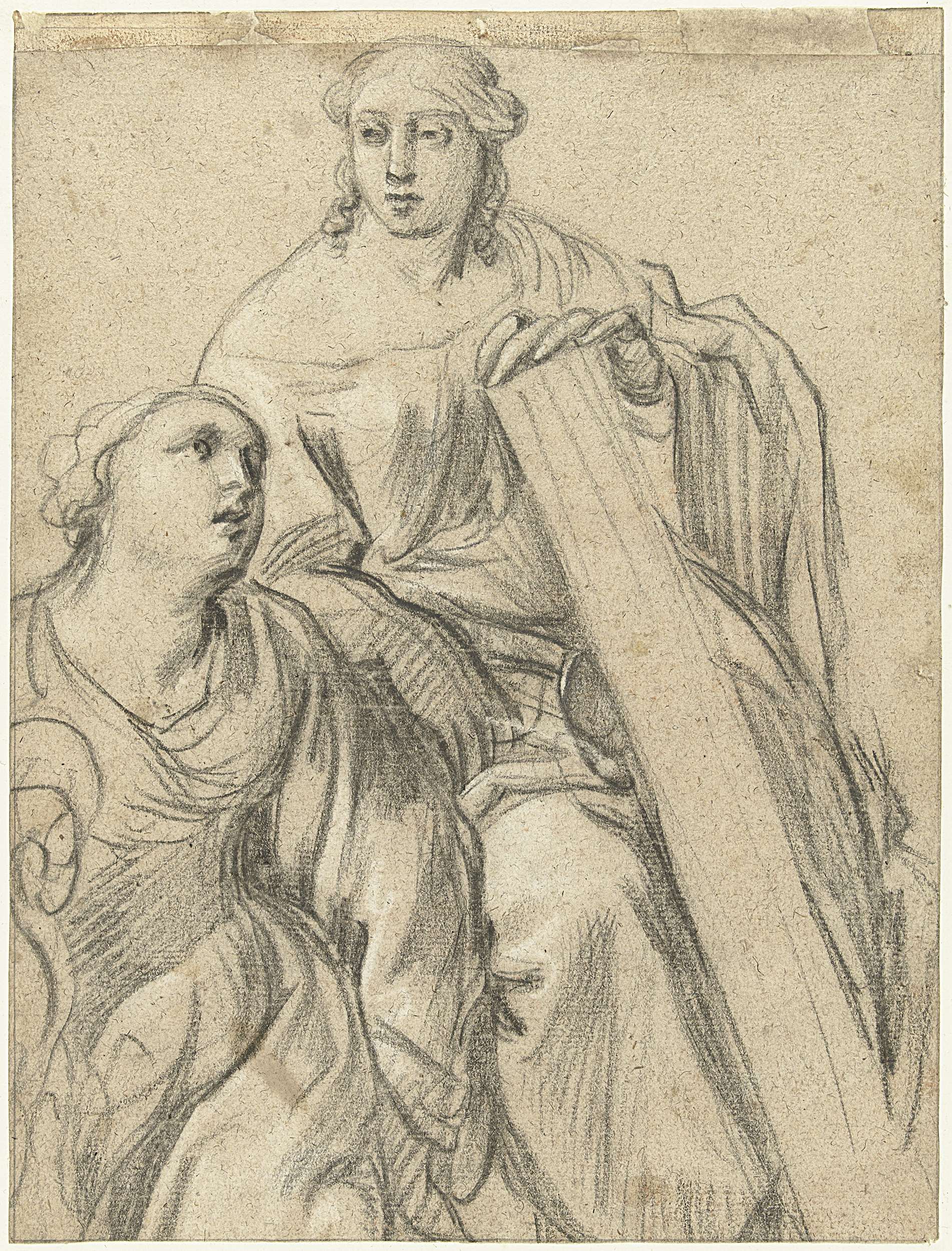 Two seated women in soft tones, paper by Simon Vouet