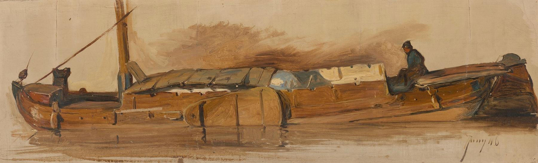 Lange schuit met schipper by Jan Weissenbruch, oil painting of a barge navigating a calm river.