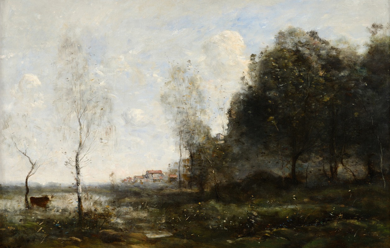 A serene landscape featuring a cow by a pond, painted by Jean-Baptiste-Camille Corot.