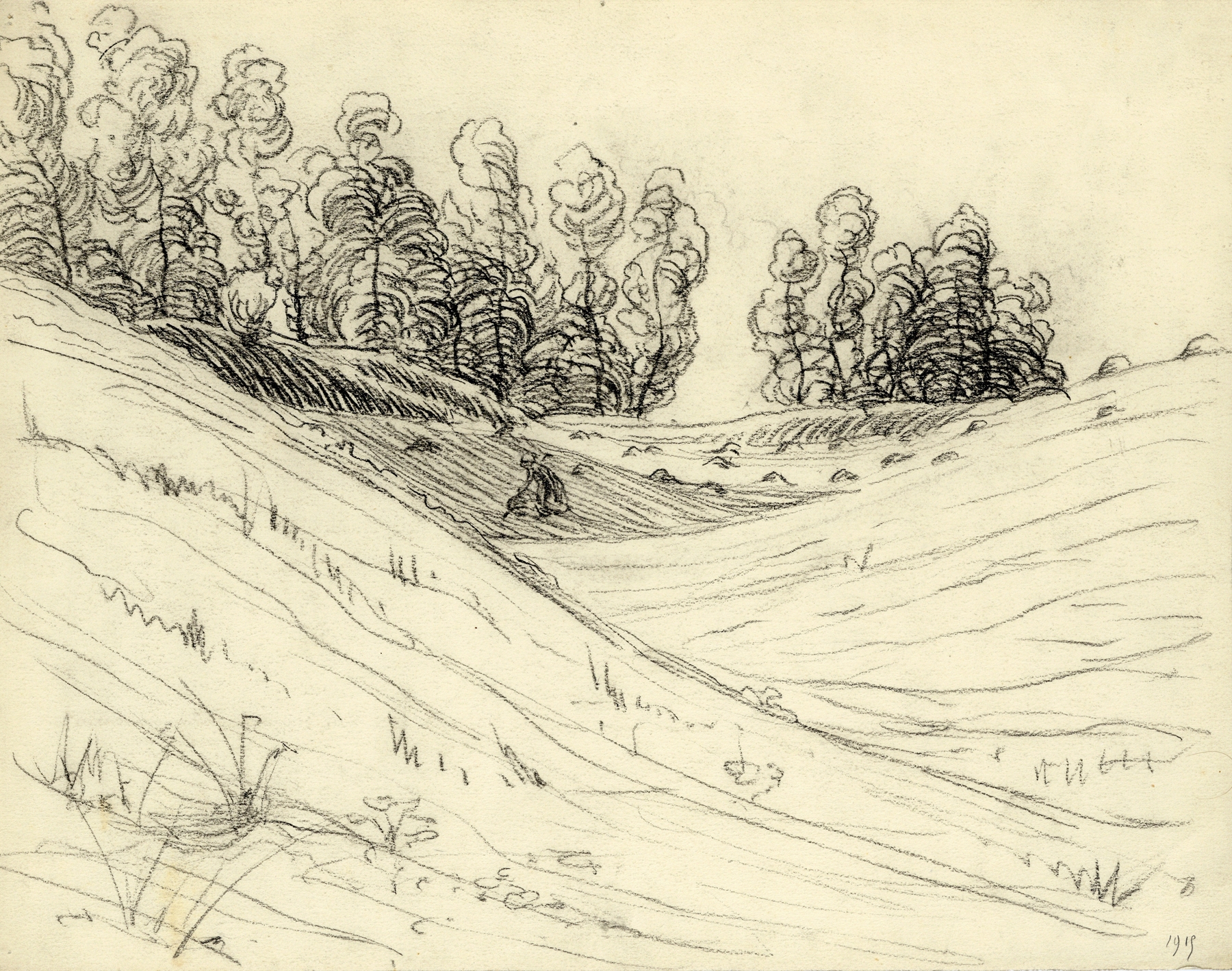 Charcoal on paper by Albert Daenens depicting a textured landscape with rolling hills.