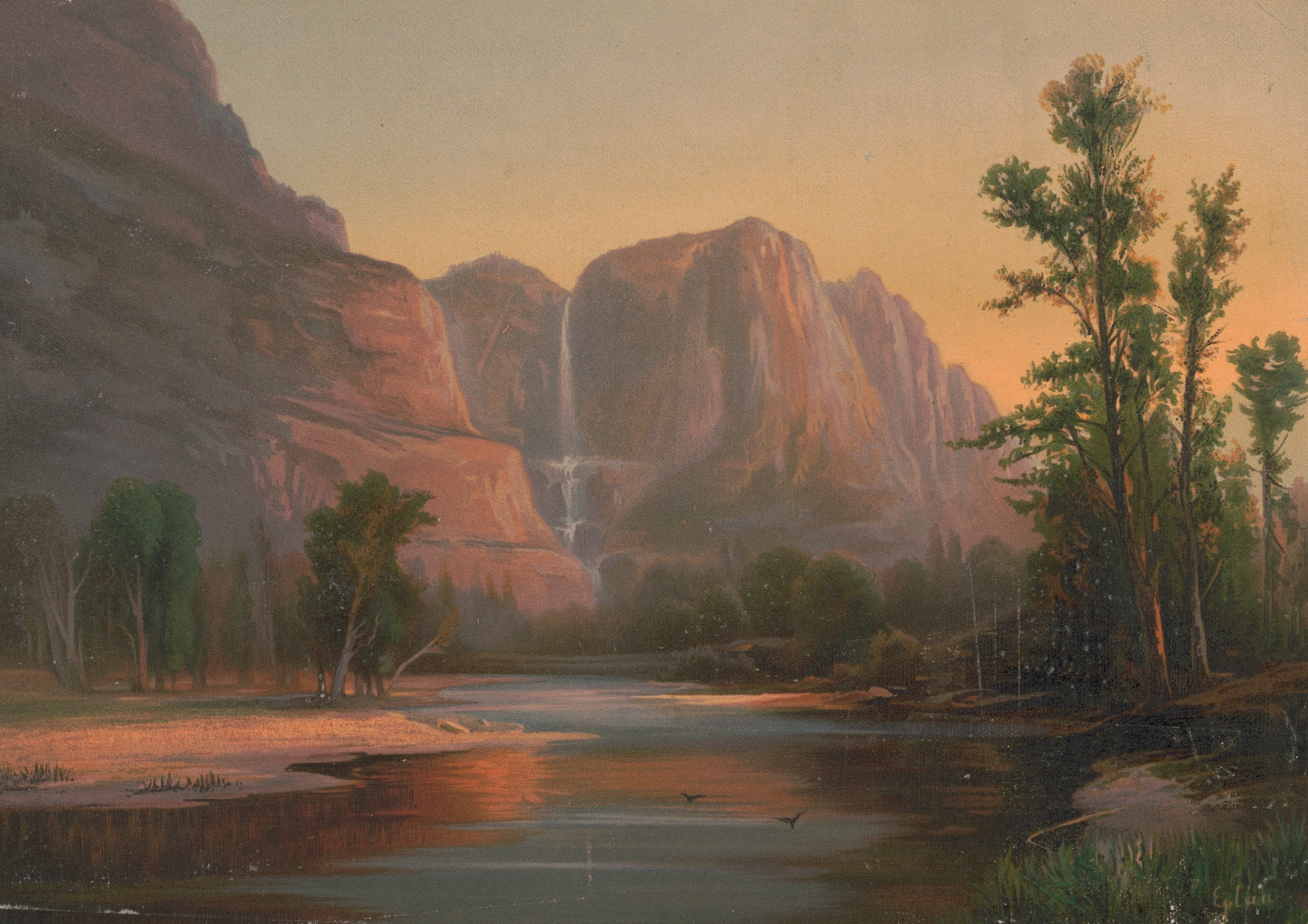 Bridal Veil Falls by Edmund Foerster & Co., oil on canvas depicting a waterfall in a lush landscape.