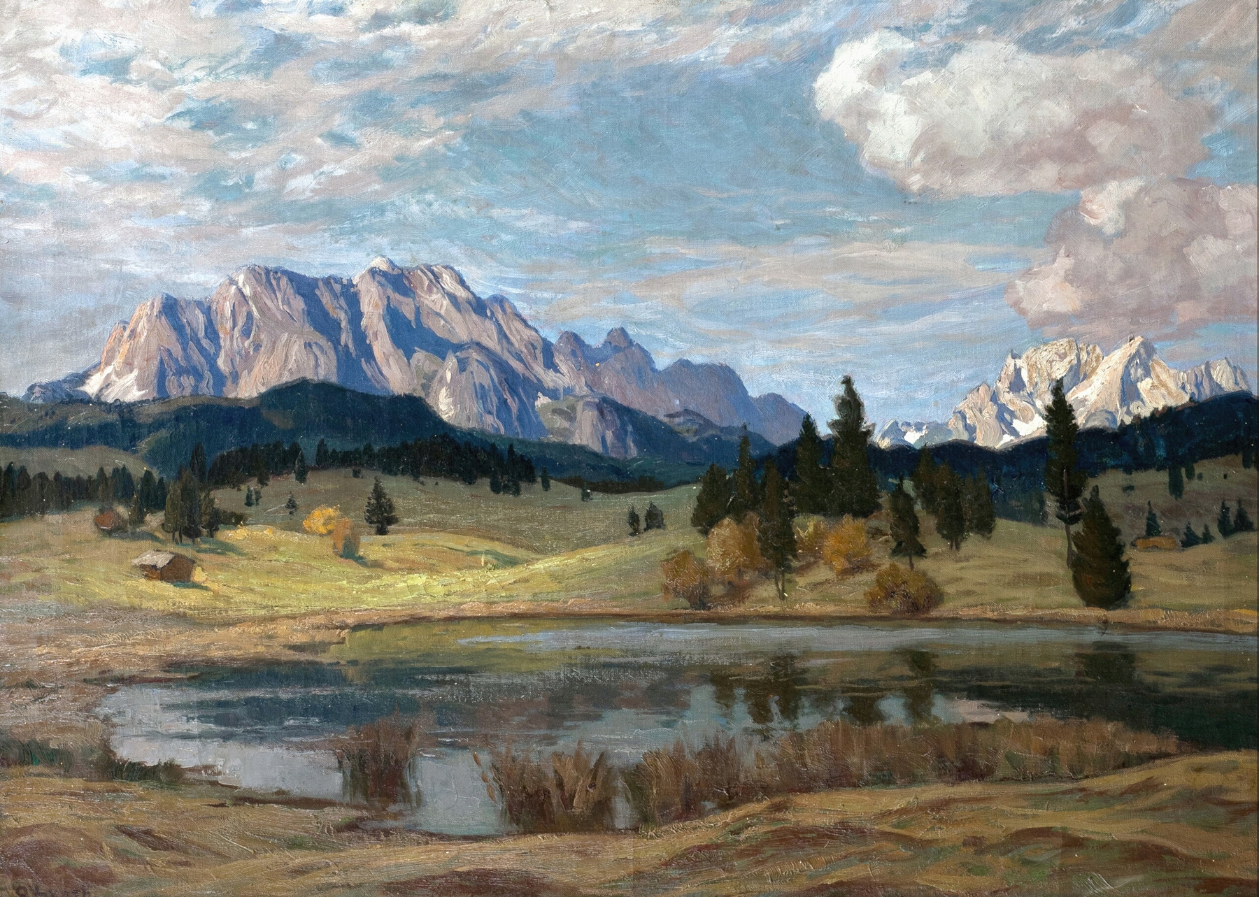 Impressionist landscape by Carl O'Lynch featuring mountains, forests, and a river