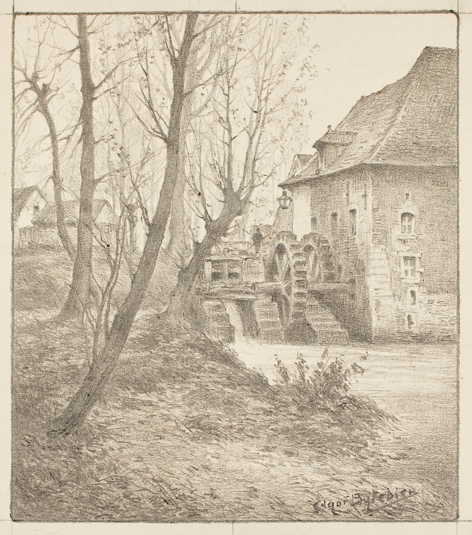 Water Mill by Edgar Bytebier, impressionism, depicting a serene landscape with a mill and river.