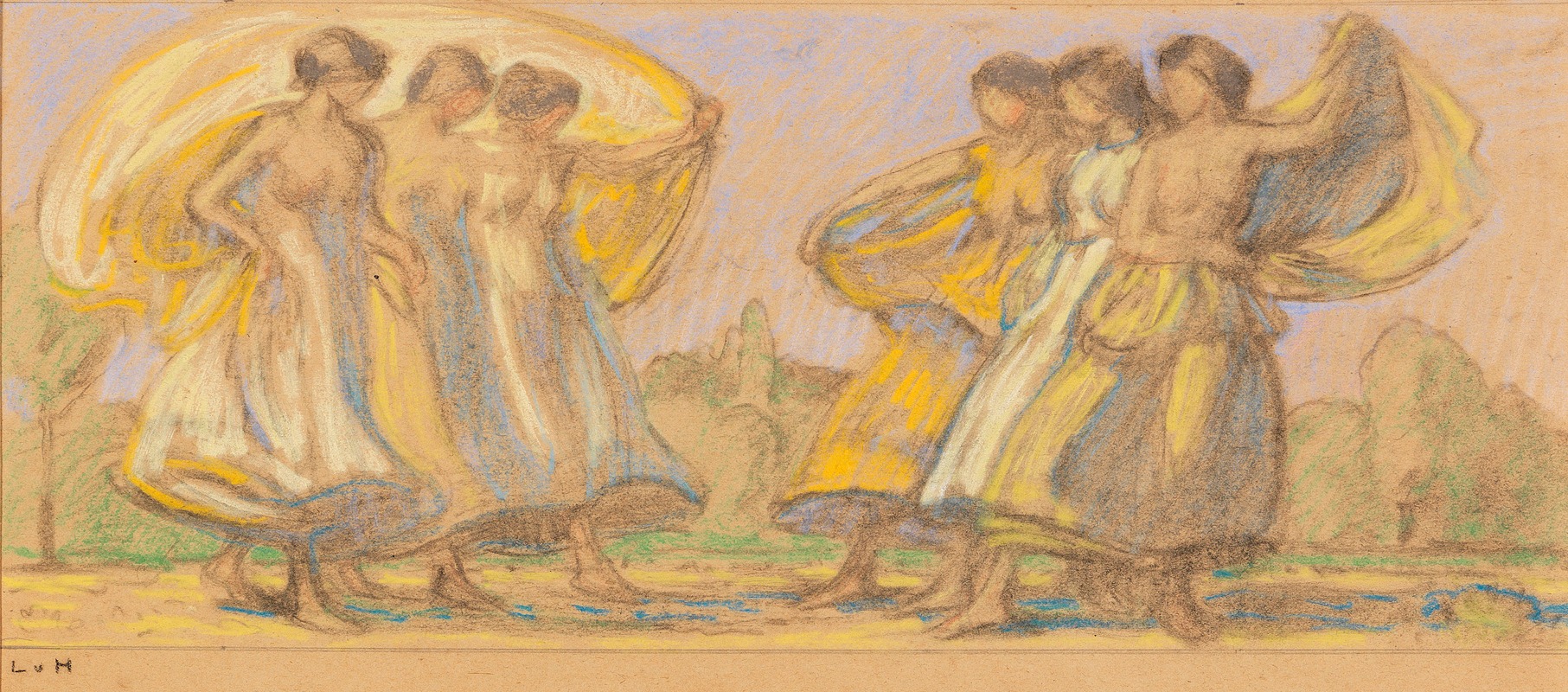 A vibrant painting depicting dancing women in a dreamlike setting.