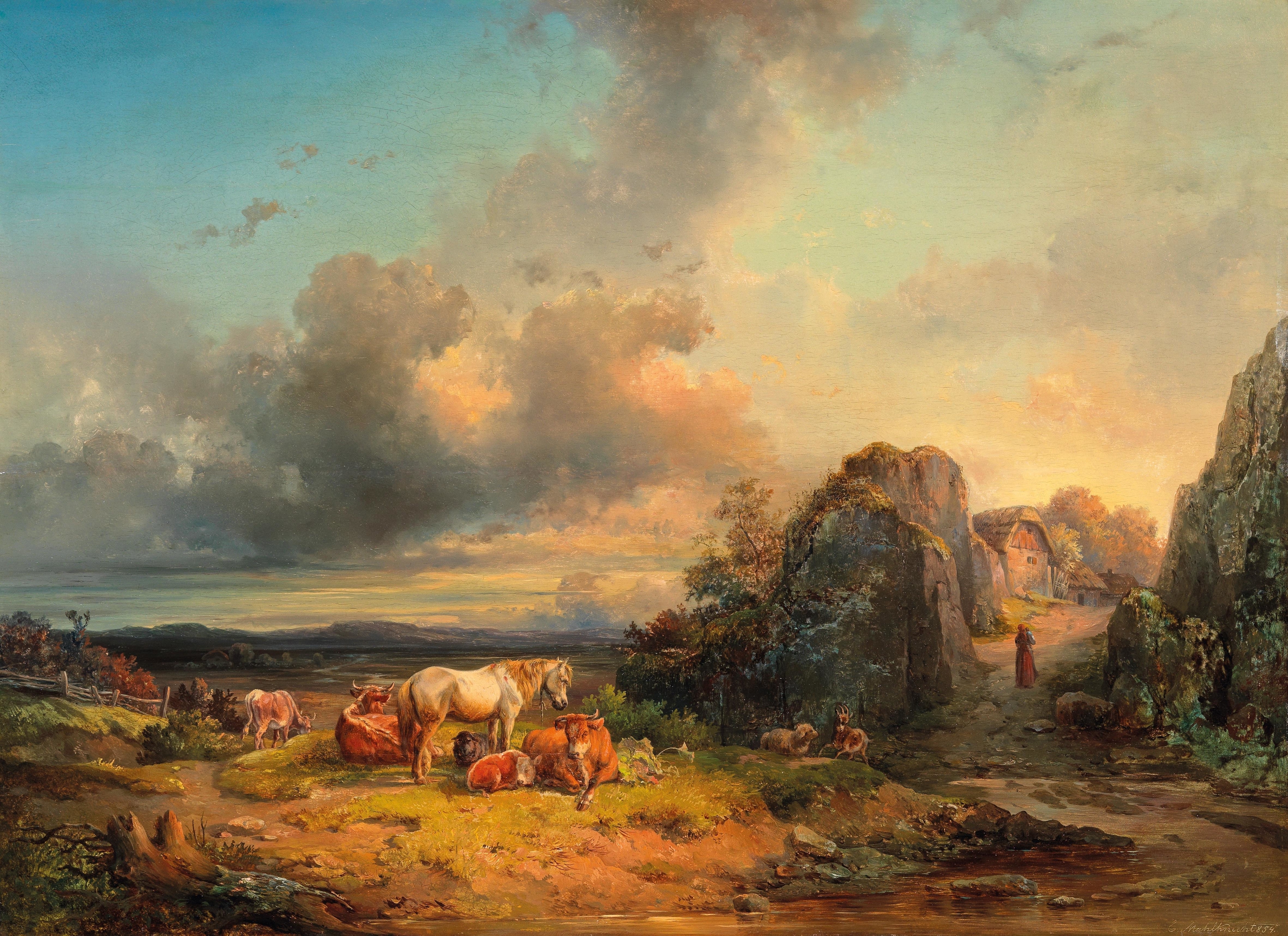 Tiere In Landschaft by Edmund Mahlknecht, oil on canvas depicting animals in a stormy landscape.