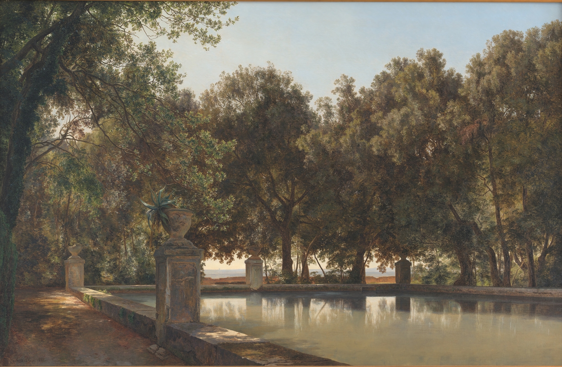 The Gardens of the Villa d’Este, Tivoli by Janus la Cour, oil painting depicting a lush garden with figures.