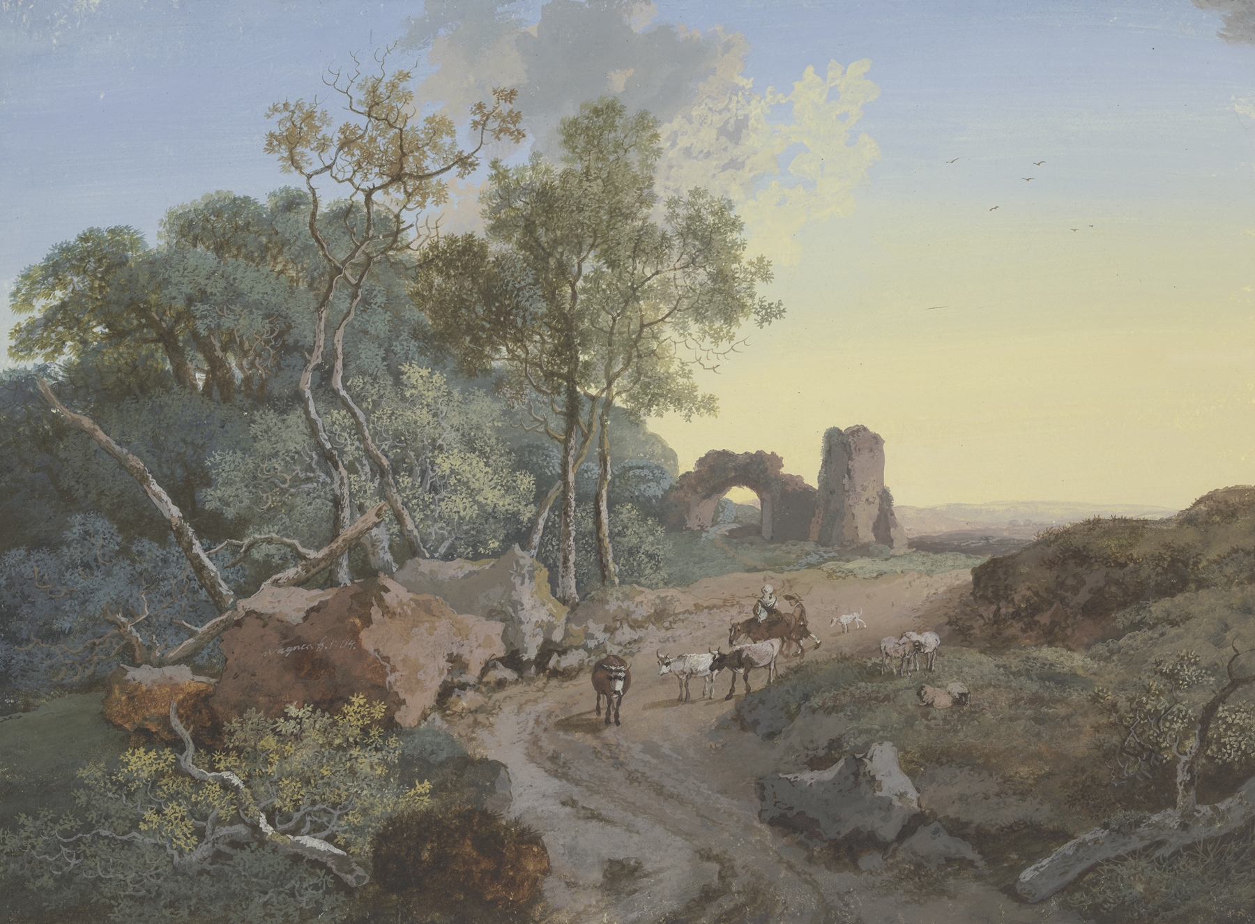 Oil painting by Johann Georg Wagner depicting ruins, shepherds, and cattle in a forest.