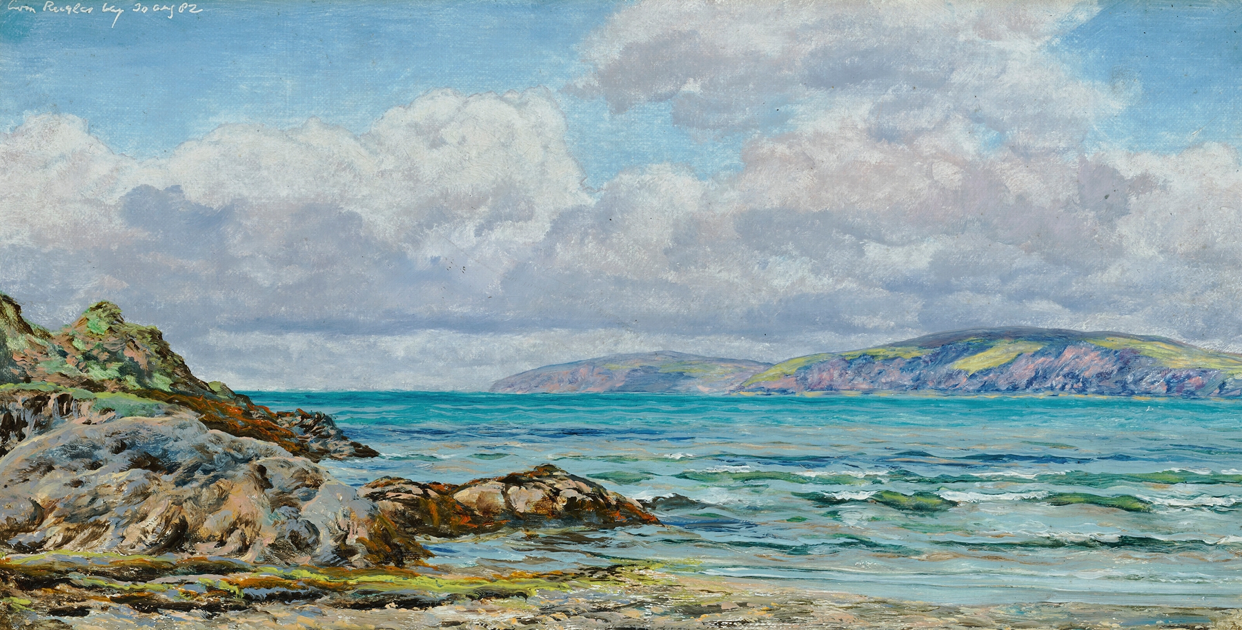 Cwm-yr-Eglwys Bay by John Brett, oil on canvas showing gentle waves and cliffs.