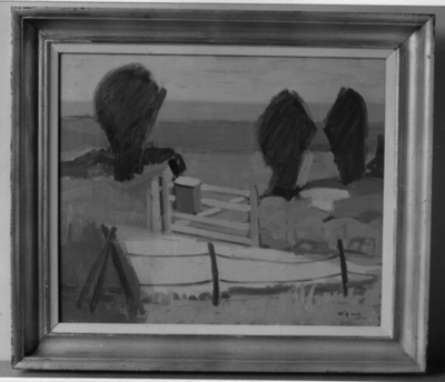 Oil painting by Wilhelm Ludvig Wik depicting a rural landscape with a mailbox and fence.