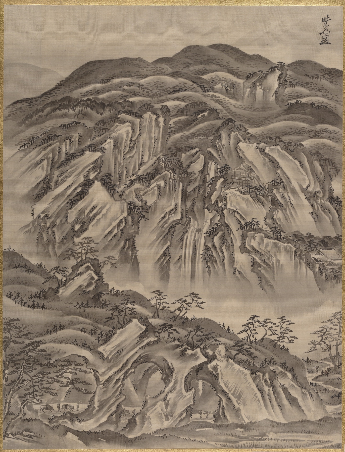 Rocky Landscape by Kawanabe Kyōsai, Ukiyo-e, depicting jagged mountains and a vast sky.