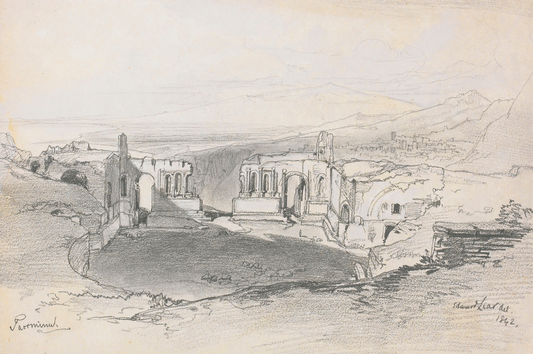 The Amphitheatre, Taormina, Sicily, by Edward Lear, public domain