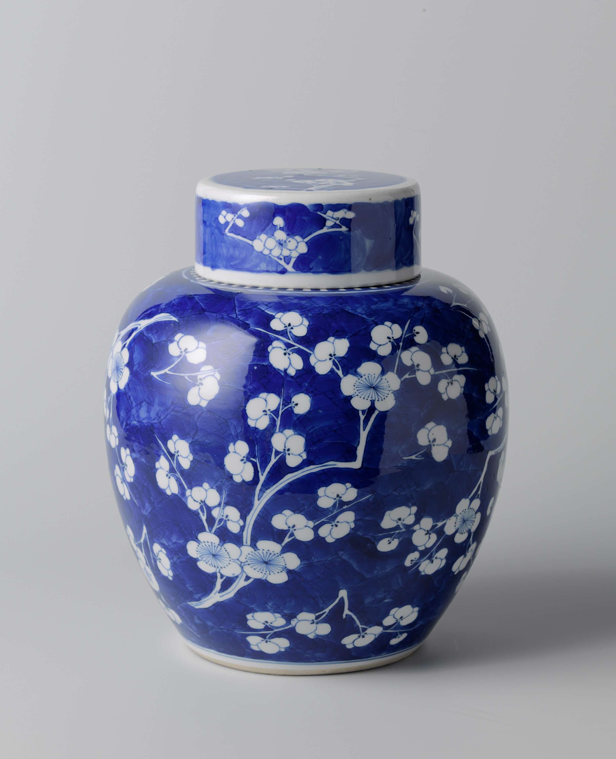 Ovoid covered jar with peach blossom on 'crackled ice', by Unknown Artist, public domain