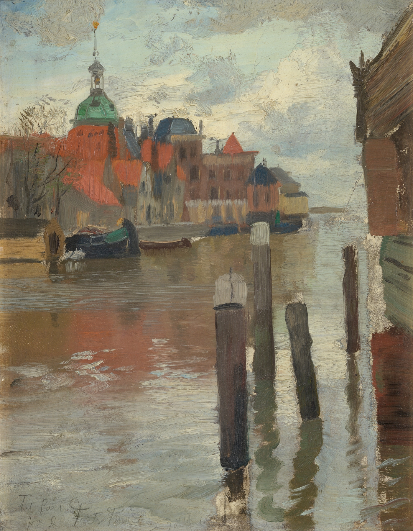 Dortrecht by Frits Thaulow, impressionism, depicting a tranquil canal at sunset
