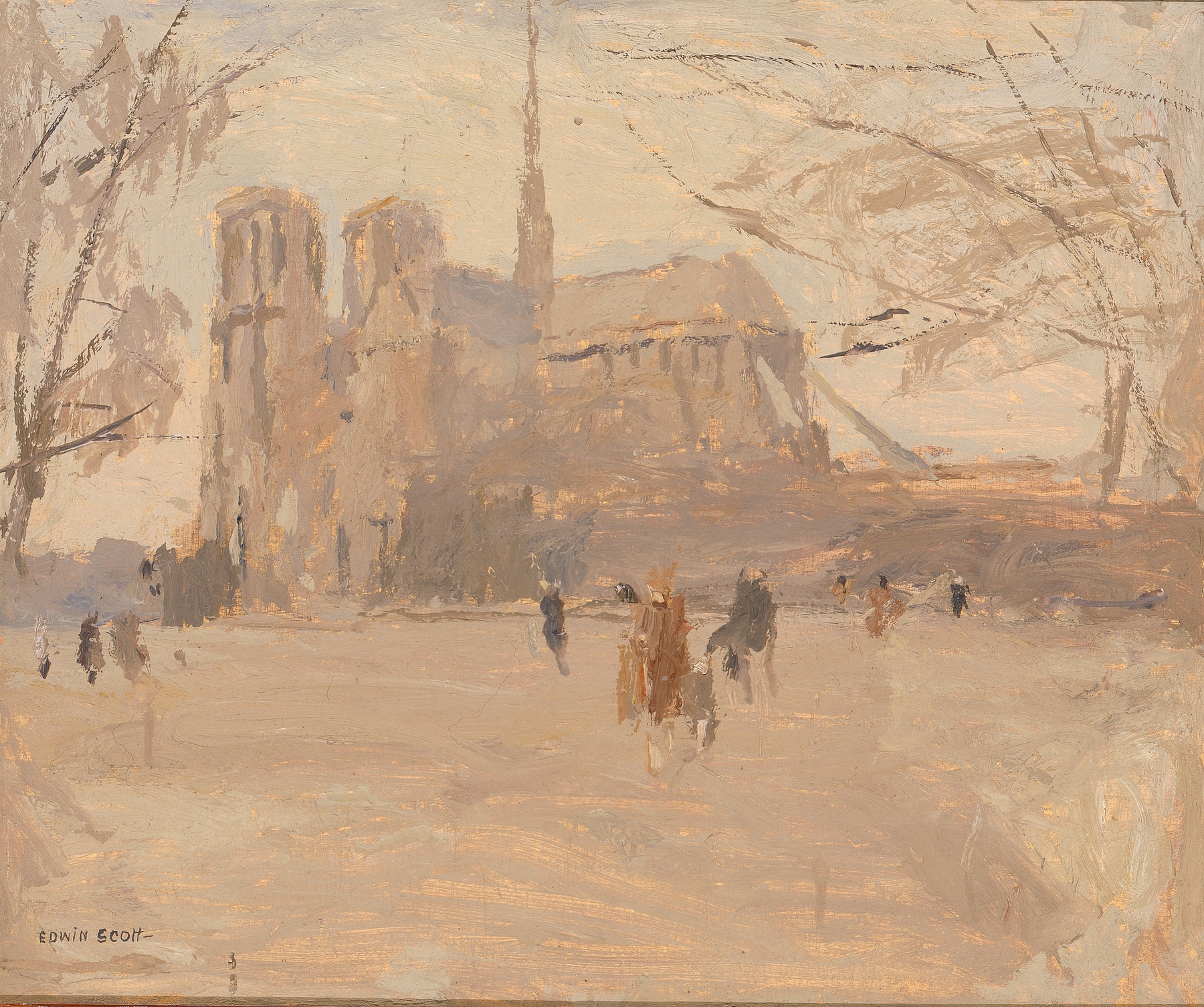 Notre Dame no. II by Frank Edwin Scott, depicting a gothic cathedral silhouette in soft hues.