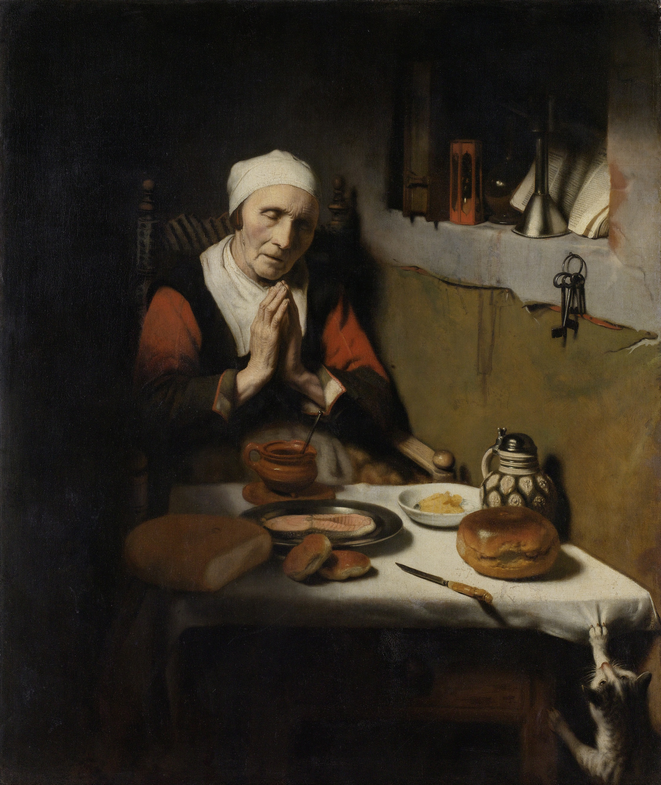 Old Woman Saying Grace, oil painting by Nicolaes Maes, depicting a woman praying before her meal.