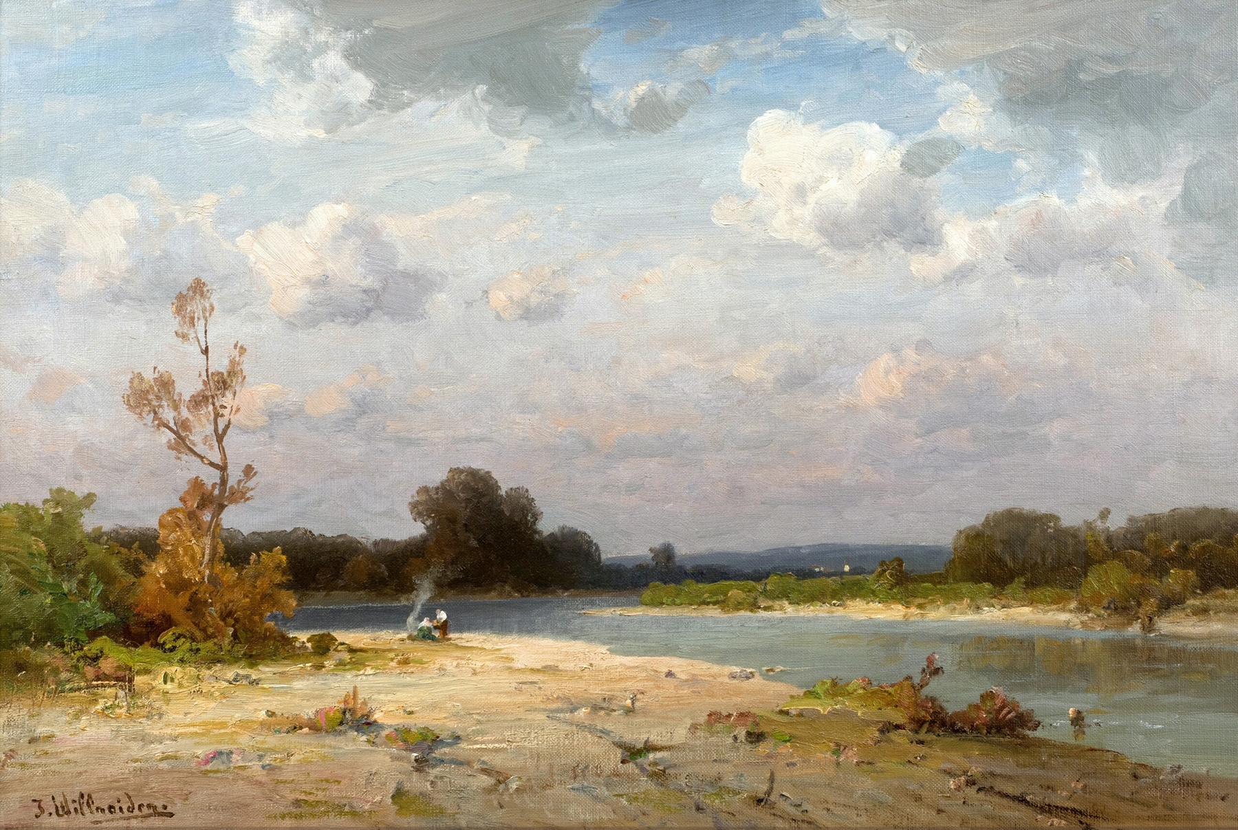 Landscape of a river with trees and reflections, oil on canvas by Josef Willroider
