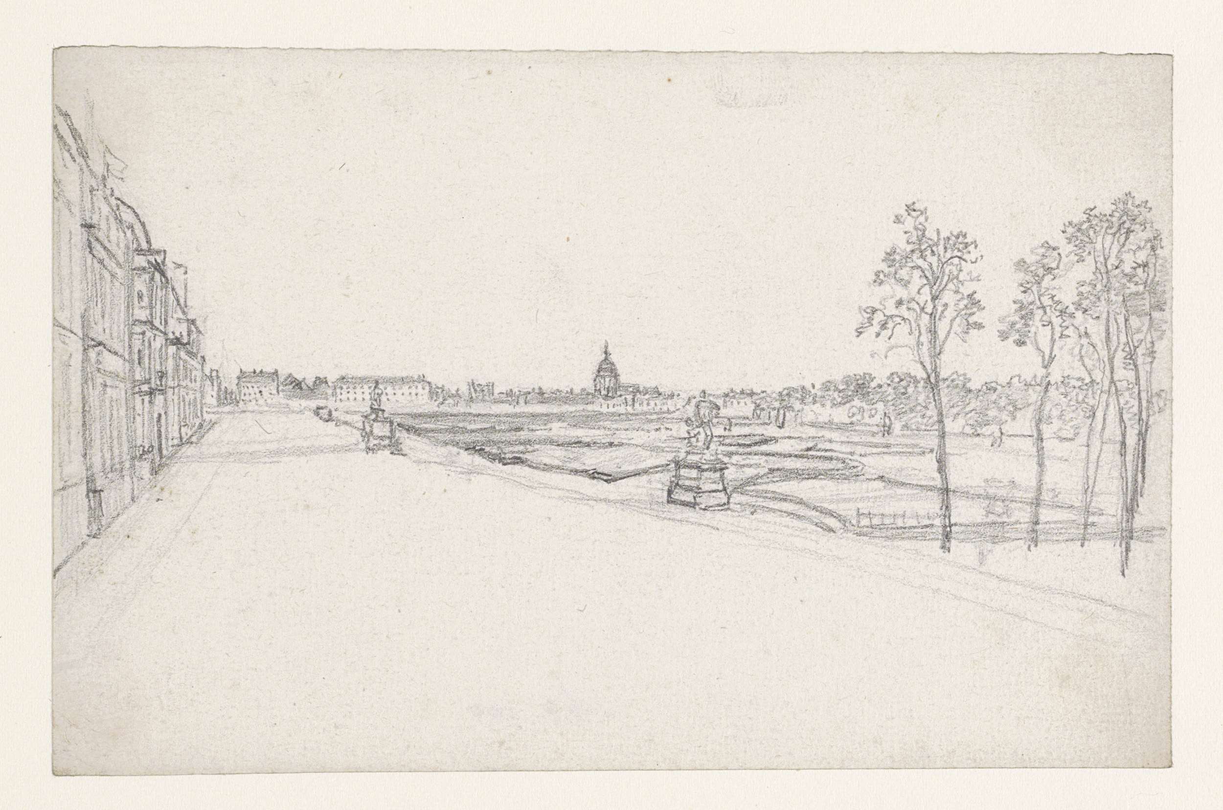 Landscape paper artwork by Georges Michel featuring the Dome des Invalides and lush greenery.