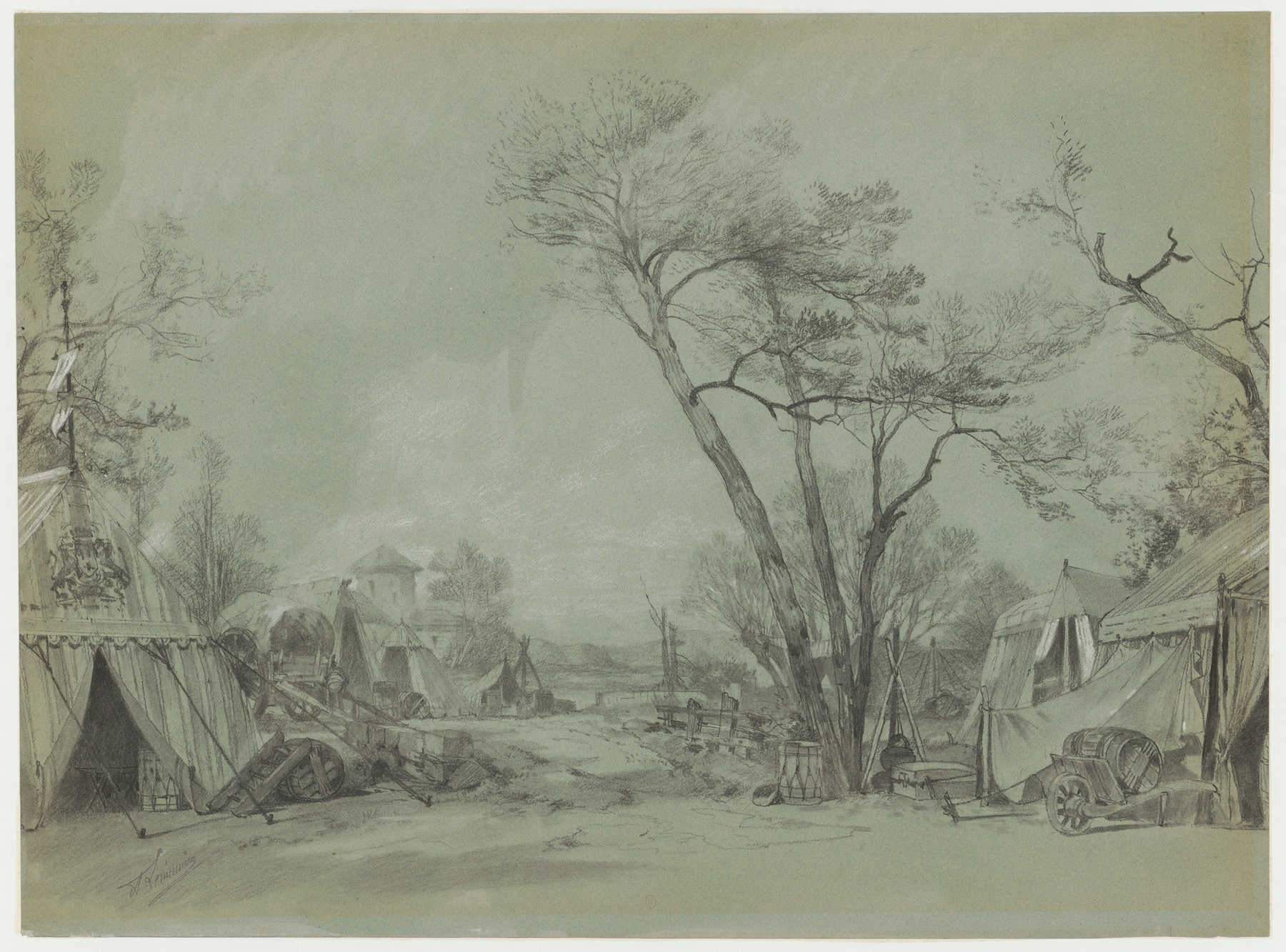 Cyrano de Bergerac – maquette de décor – le siège d’Arras, le campement après la bataille, by Alfred Lemeunier, public domain