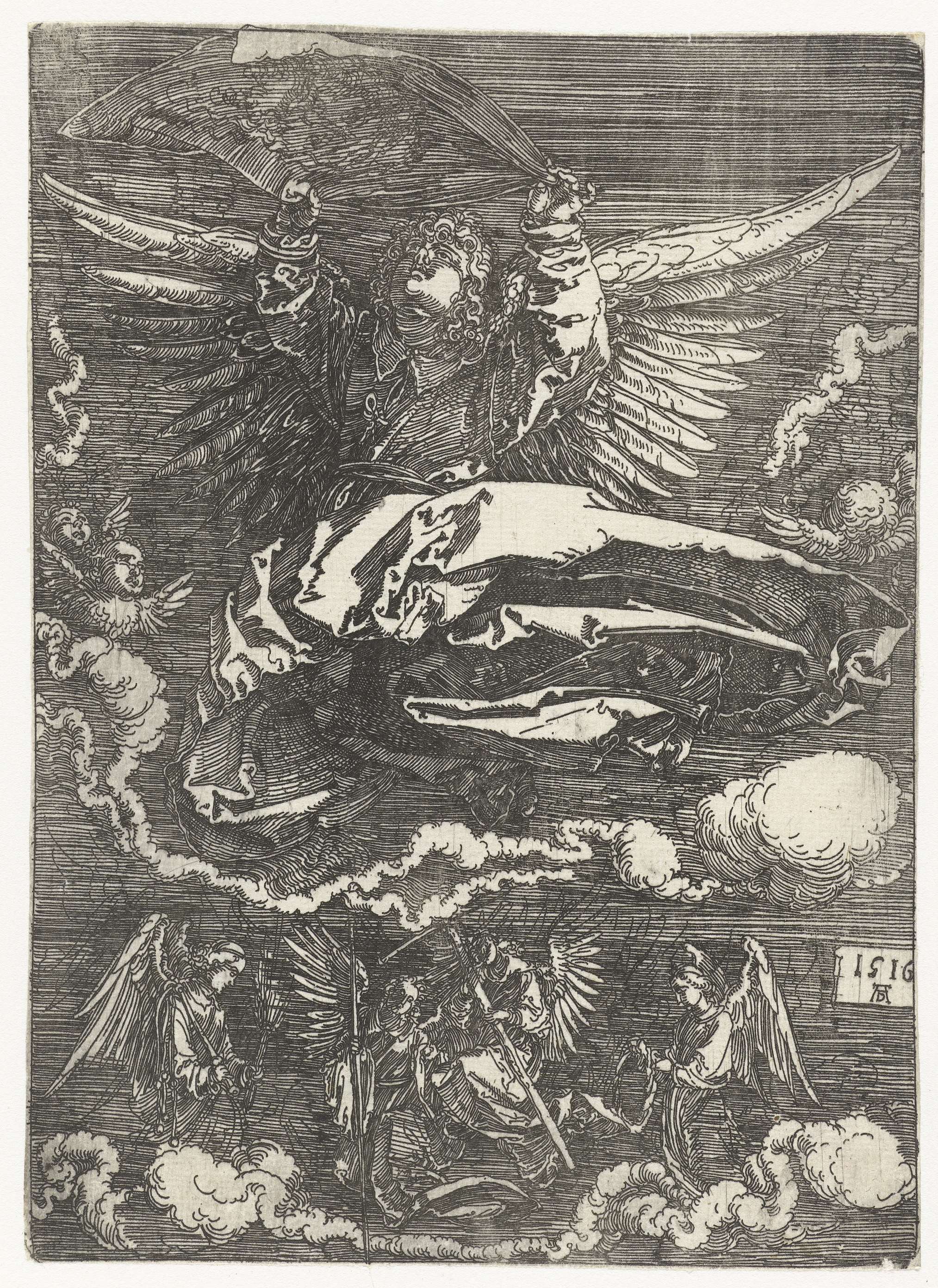 Engelen met de zweetdoek en de passiewerktuigen, by Albrecht Dürer, public domain