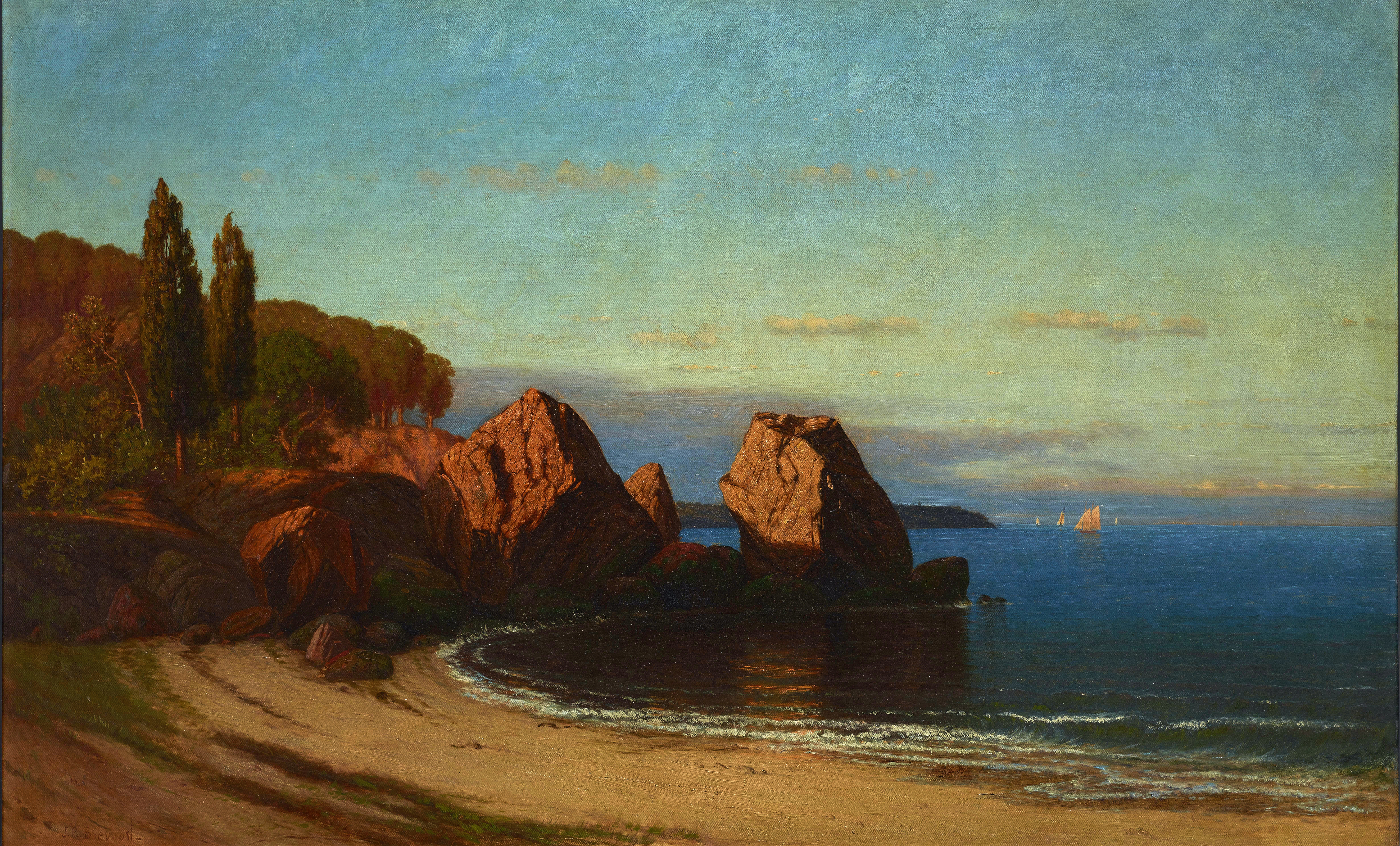 Boulders by James Renwick Brevoort, oil on canvas depicting textured rocks and light.