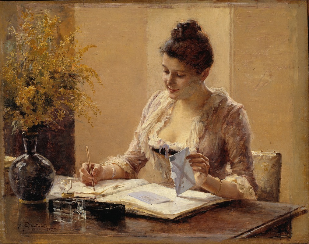A woman is depicted writing a letter in a serene interior setting.