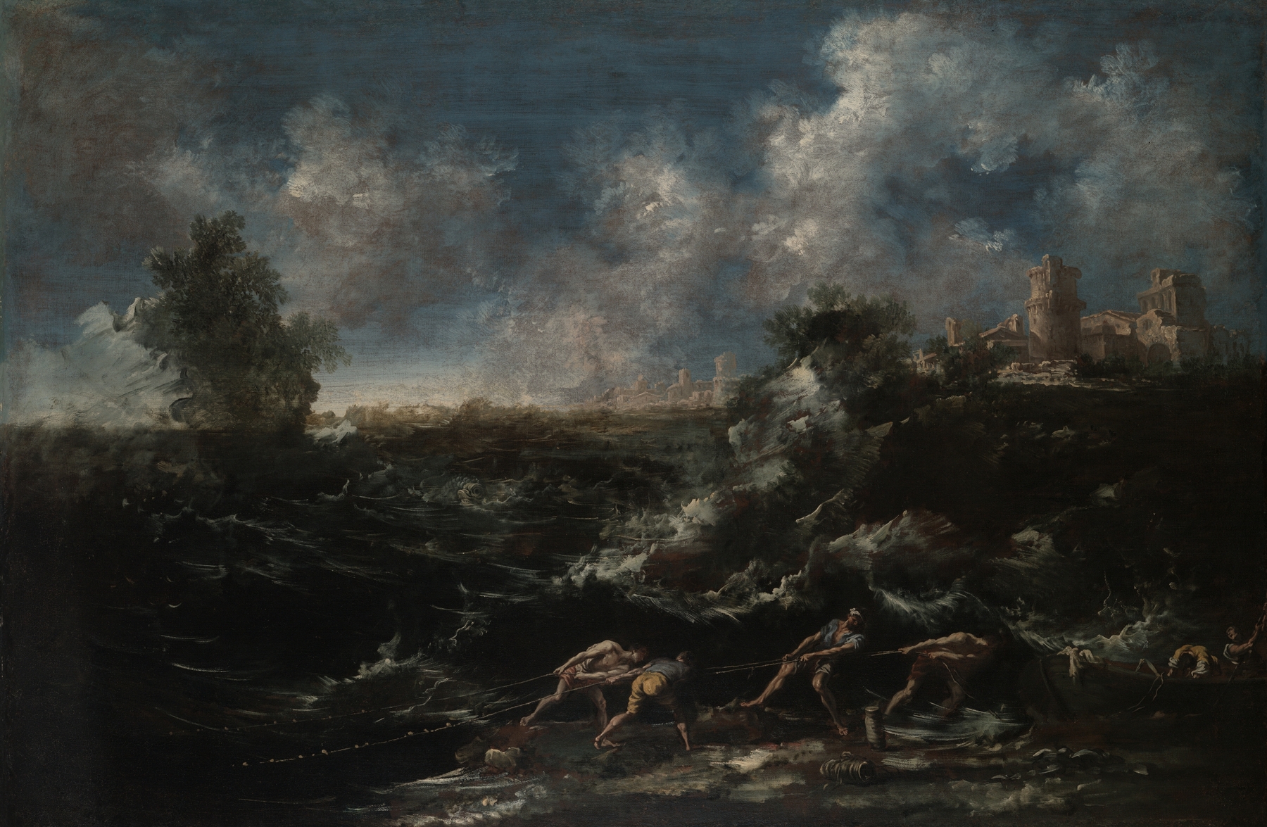 Seascape with Fisherman Pulling out Nets, oil on canvas by Antonio Francesco Peruzzini