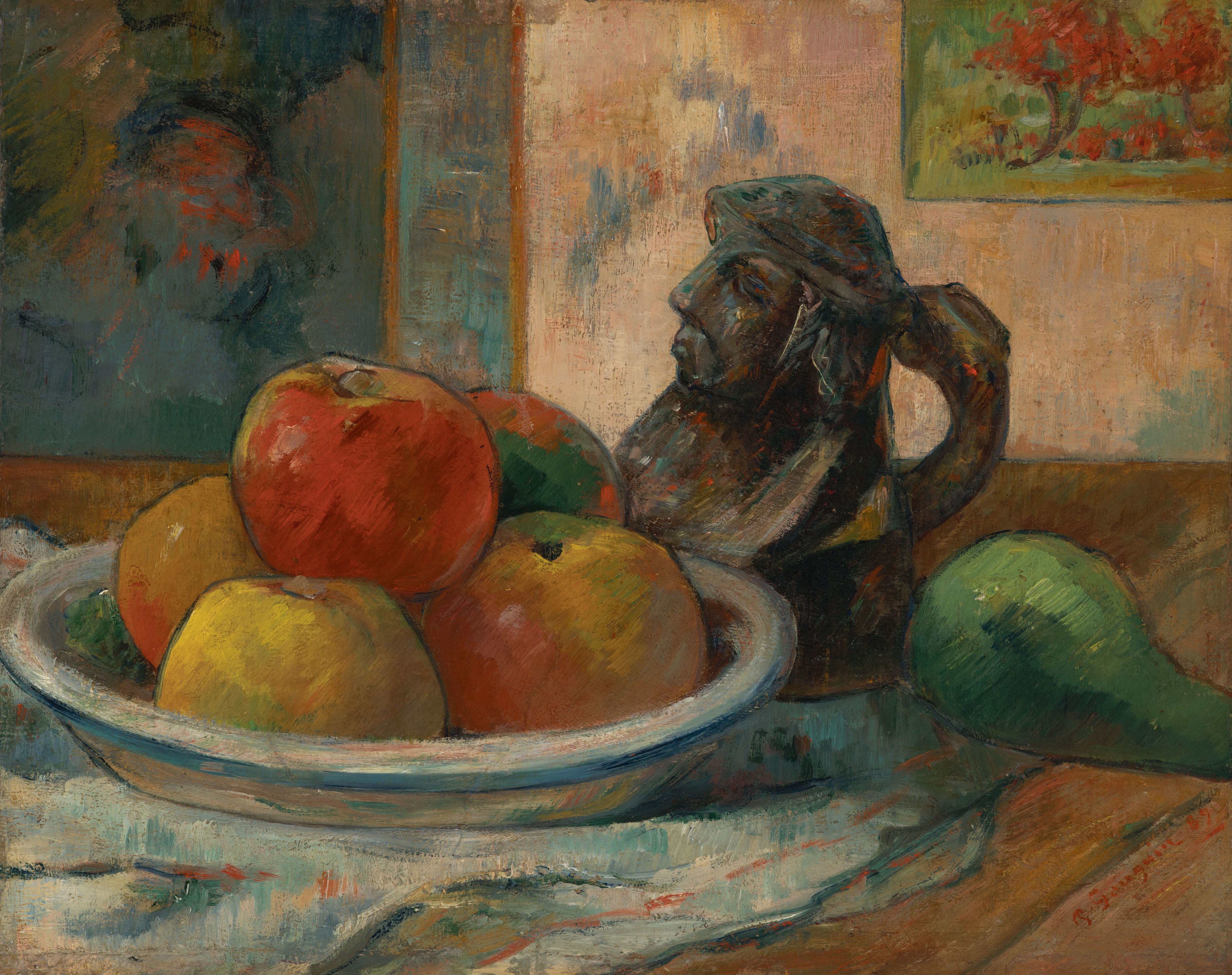 Still Life with Apples, a Pear, and a Ceramic Portrait Jug, by Paul Gauguin, public domain