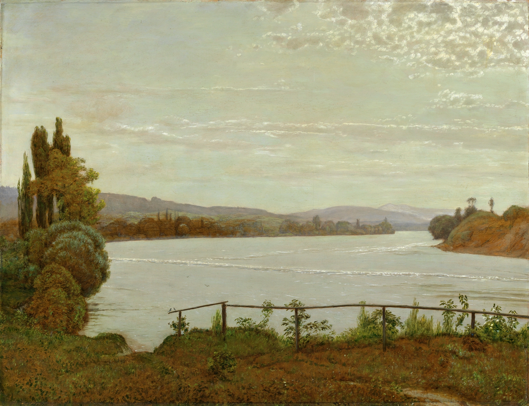 Morning landscape with mist over the Oberrhein River, oil painting by Hans Thoma