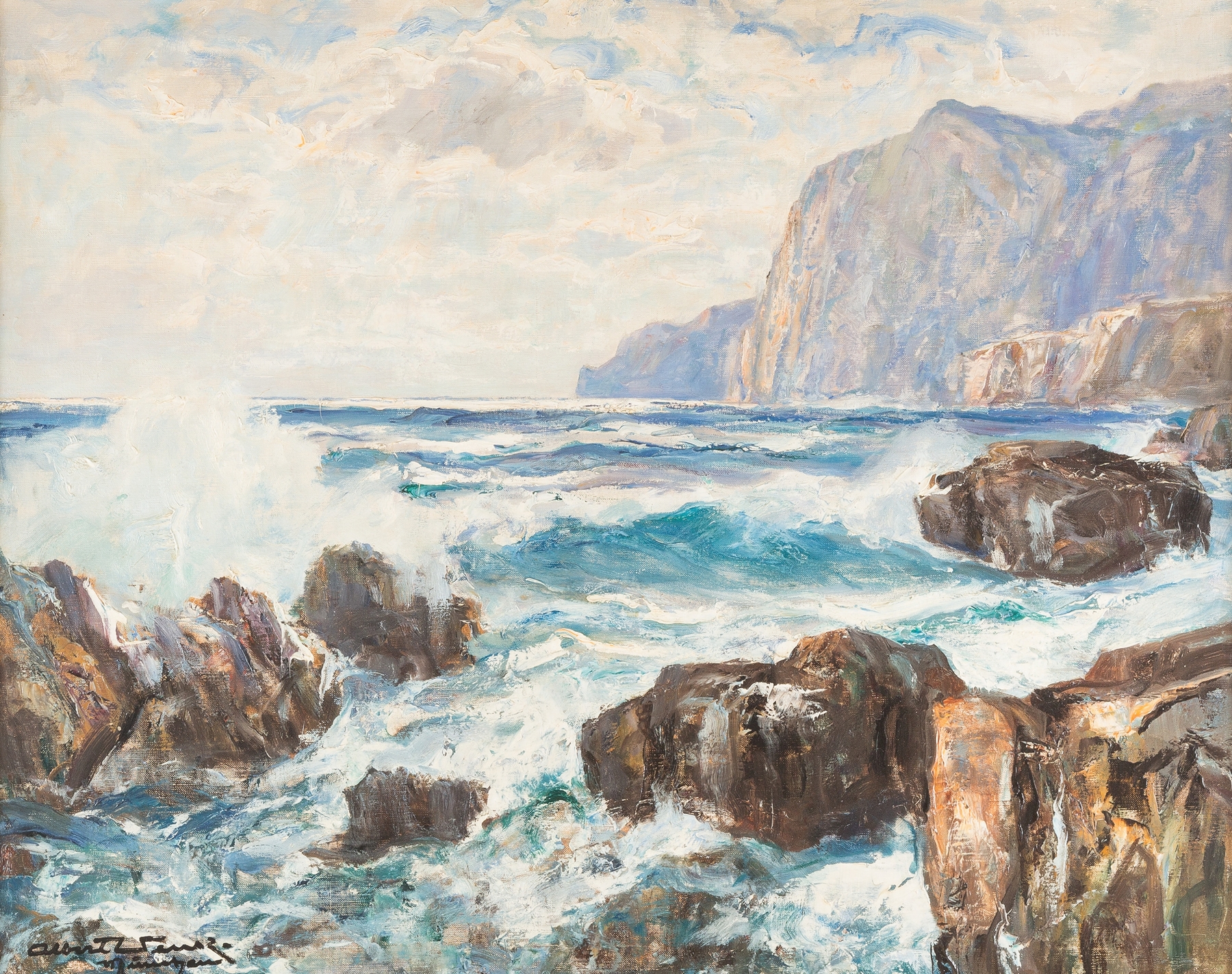 Breakers on a rocky coast, oil painting by Albert Wenk, depicting tumultuous waves crashing against rocks.