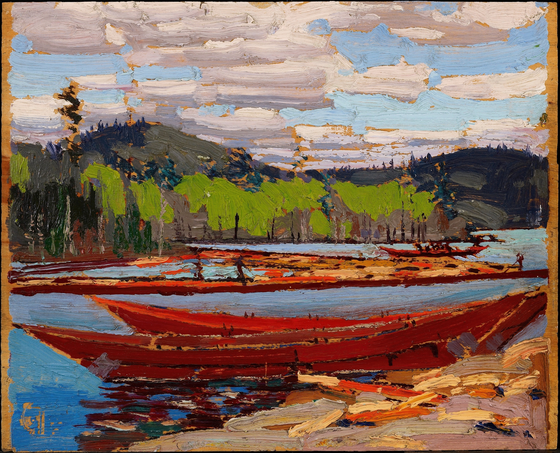 Boats floating on water, oil painting by Tom Thomson
