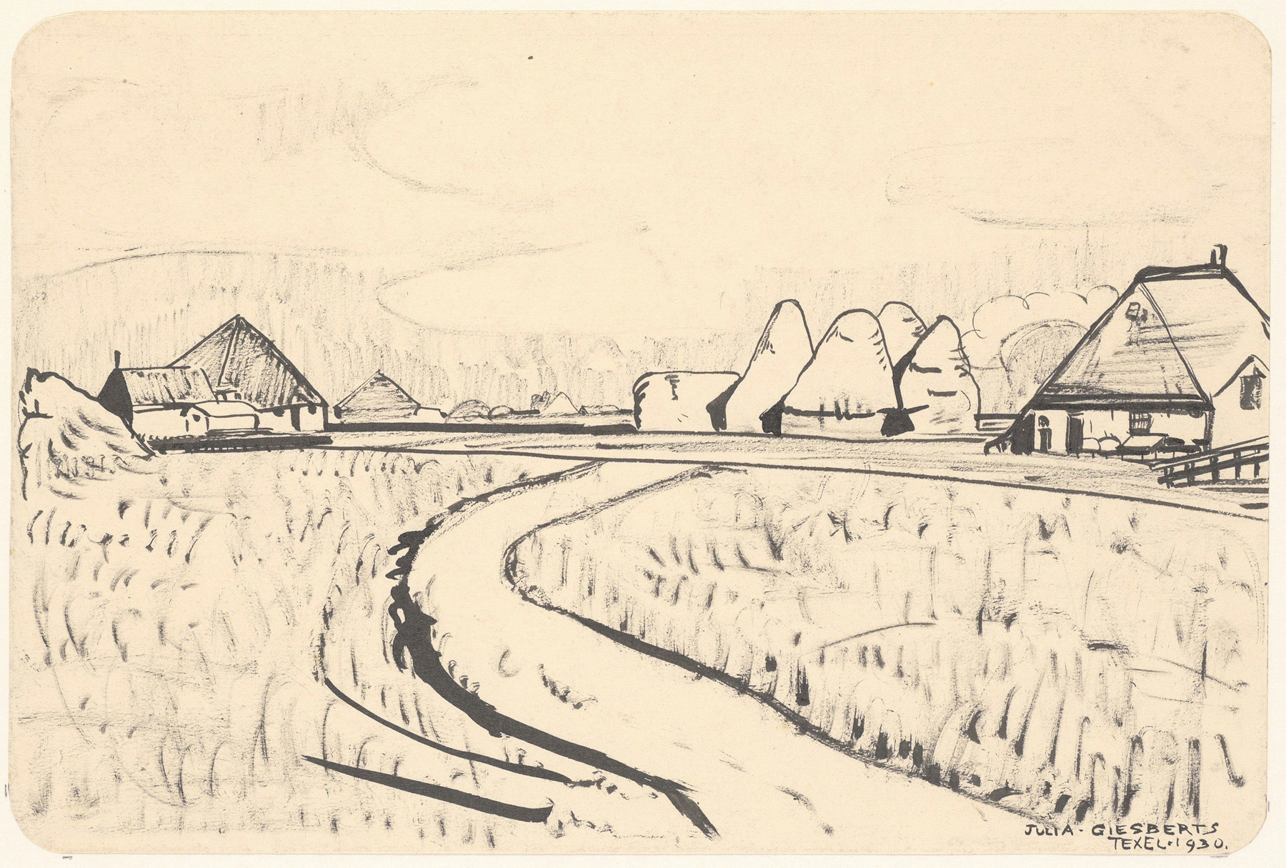 Landscape featuring rural farmland and farmhouses by Julia Giesberts, unknown medium