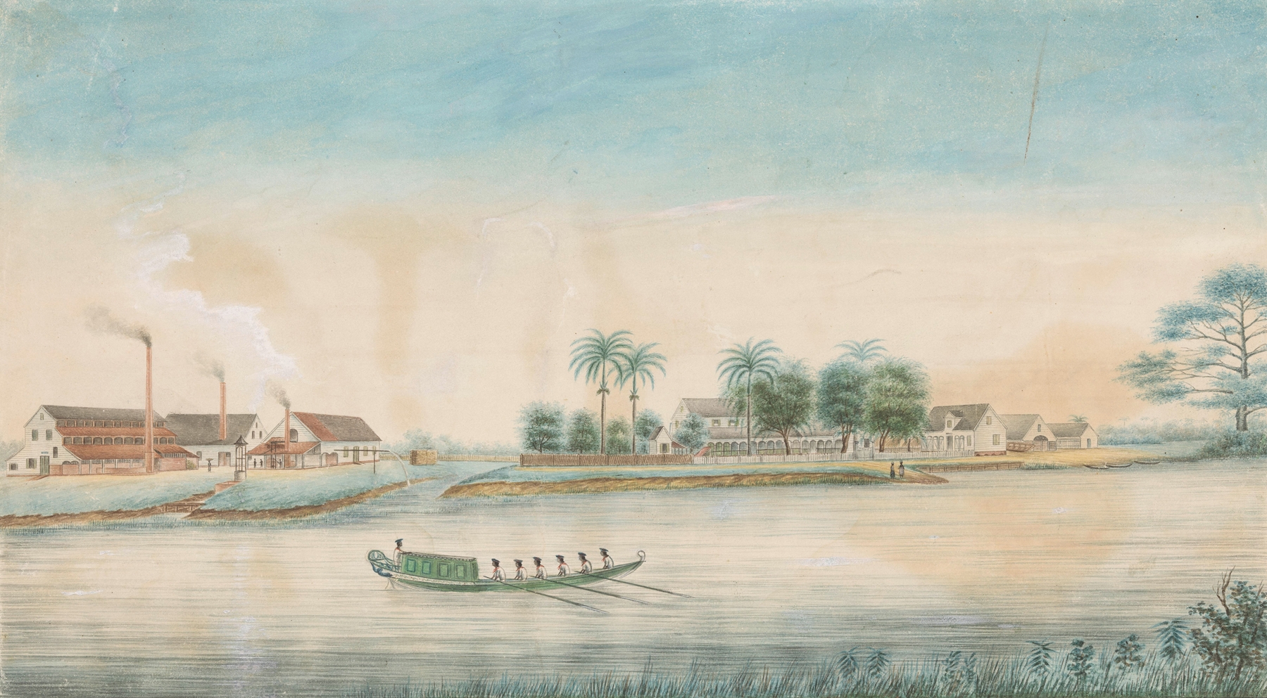 Landscape of sugar plantation with water reflections by Alexander Ludwich Brockmann, oil on canvas