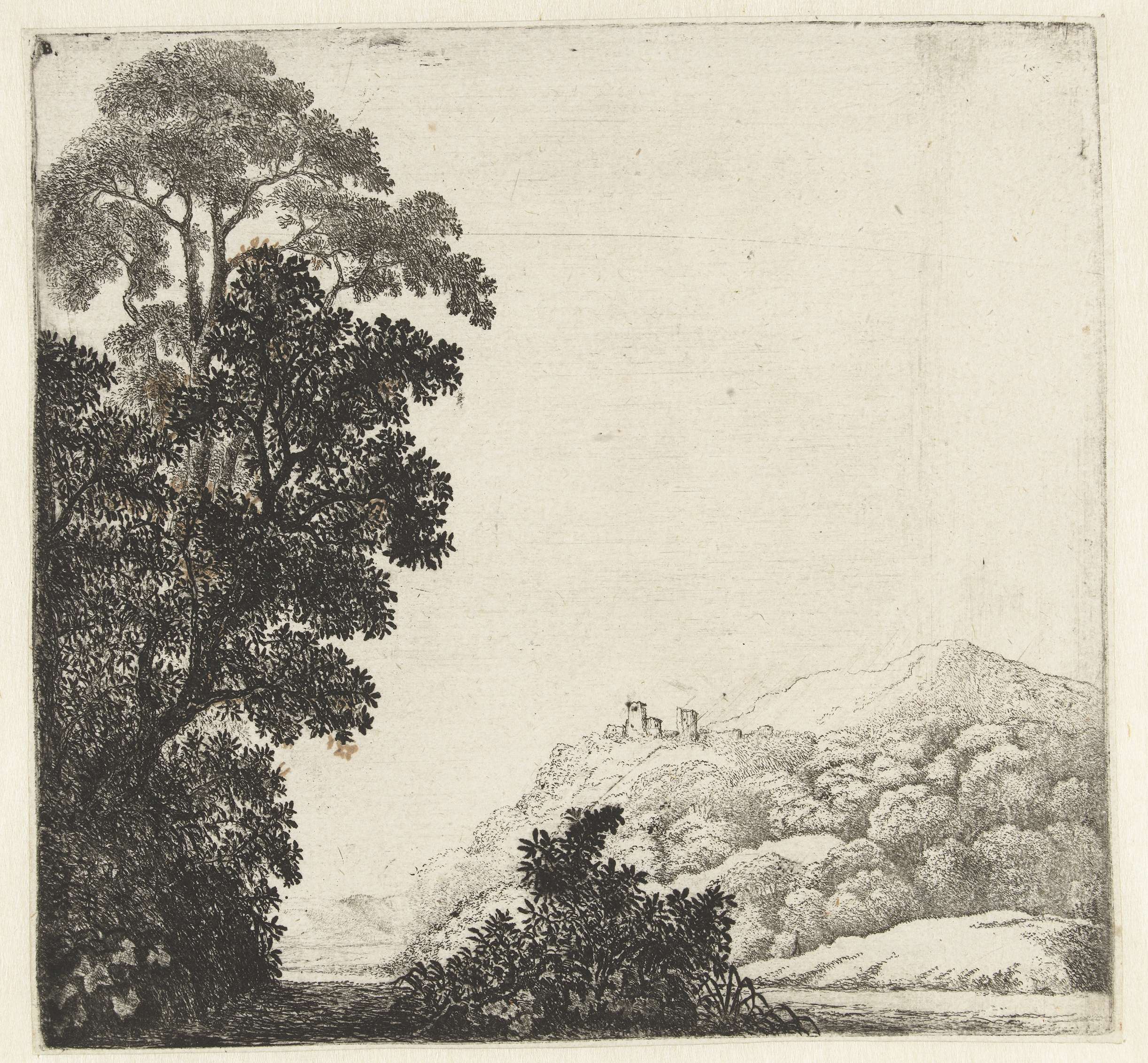 Landscape with ruins on a hill, etching by Jan van Brosterhuyzen