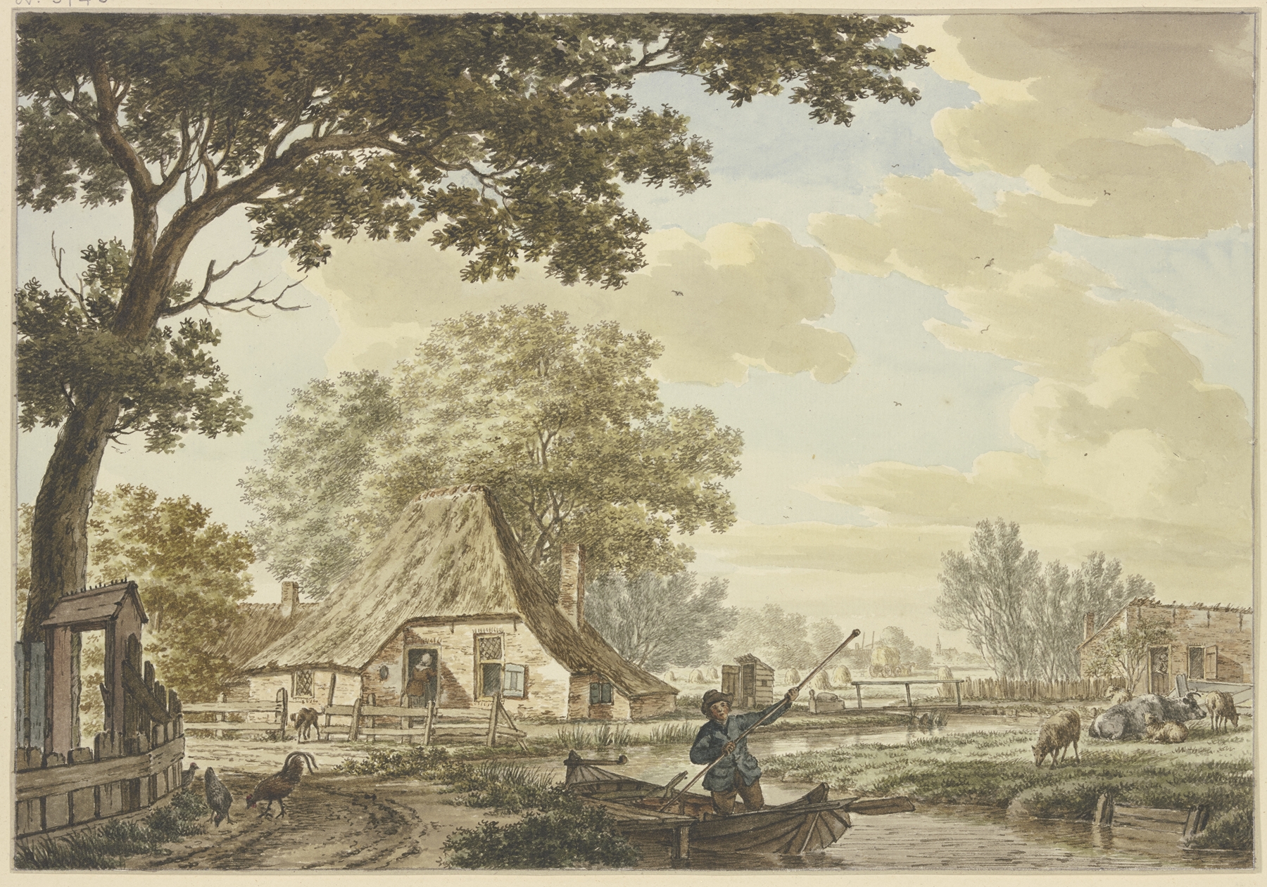 Enger Kanal bei einem Dorf, a landscape by Jacob Cats, depicting a man in a boat.