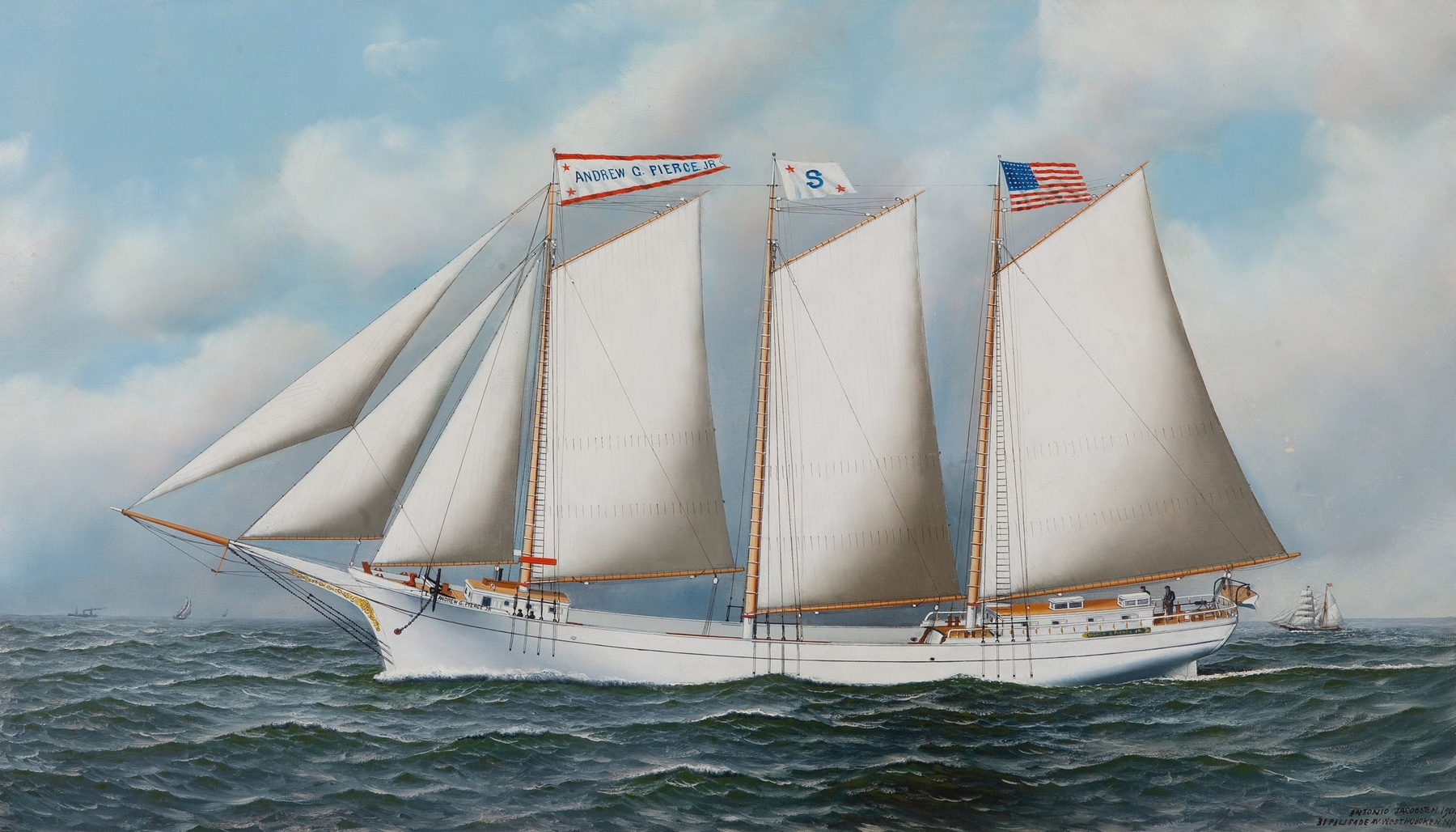 Three Masted Schooner ‘Andrew C. Pierce’, by Antonio Jacobsen, public domain