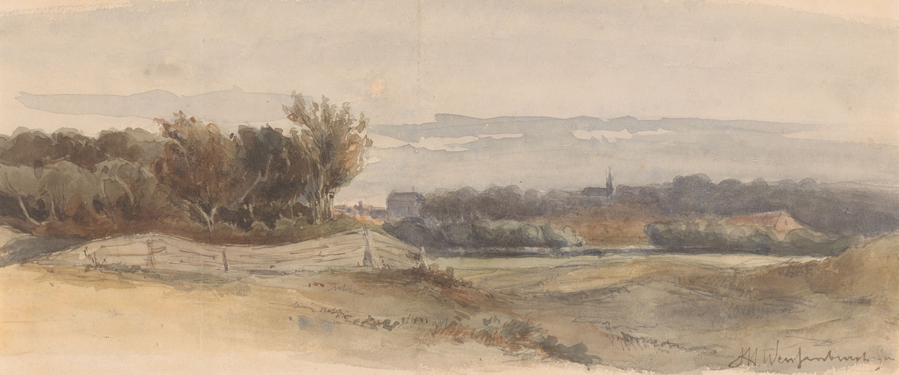 Panoramisch landschap by Johan Hendrik Weissenbruch, oil on canvas depicting rolling hills and a vibrant sky.