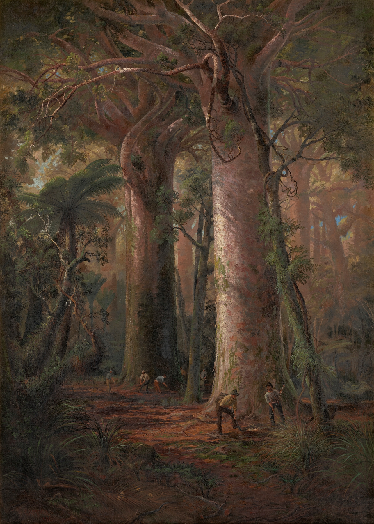 Scene of Kauri Bush, gumdiggers at work by Charles Blomfield, oil painting