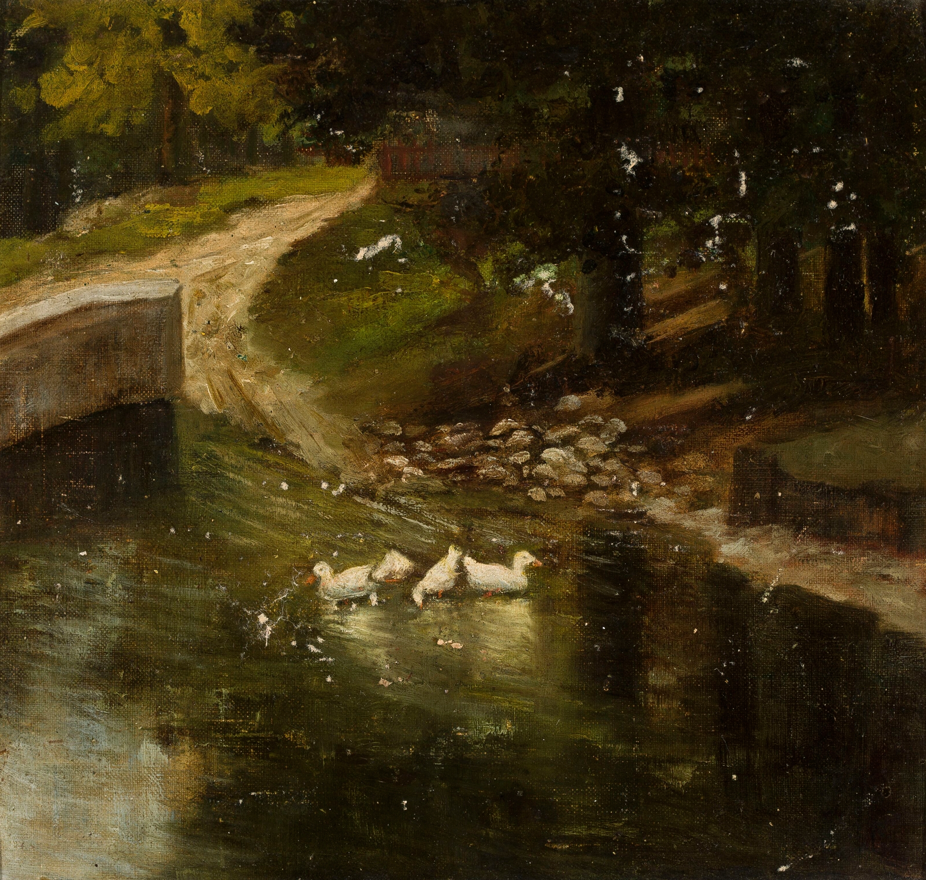 Forest landscape with a creek and ducks by Marie Ibsen Jensen, oil painting