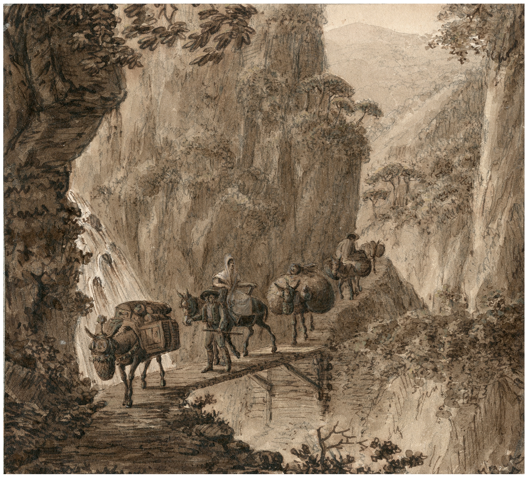 Oil painting by Otto Howen depicting pack animals in a mountain landscape