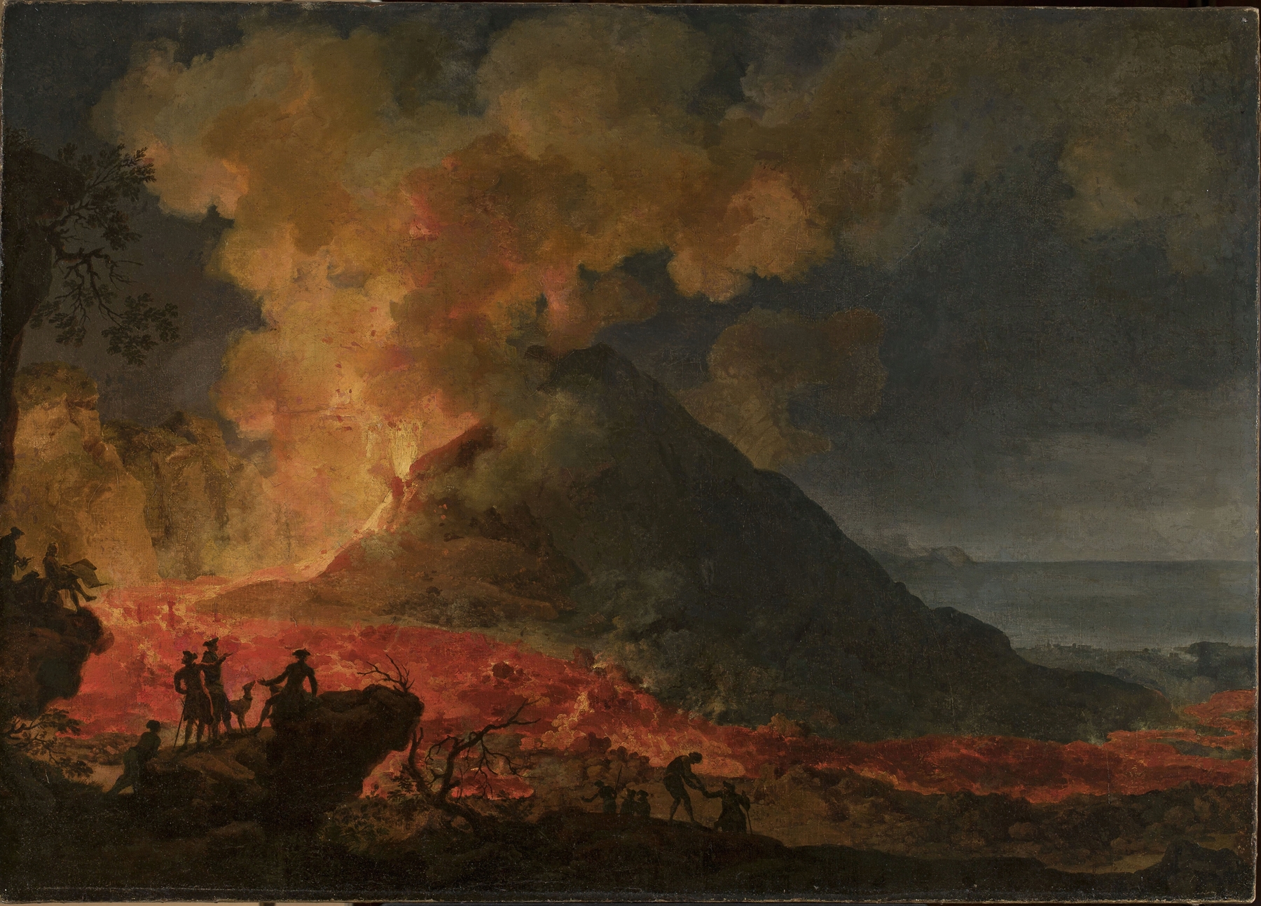 Eruption of Vesuvius by Pierre-Jacques Volaire, oil painting depicting a volcanic eruption with figures.