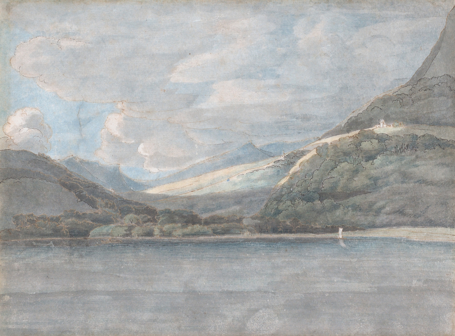 View of Lake Como by Francis Towne, Romanticism, depicting hills and tranquil waters.
