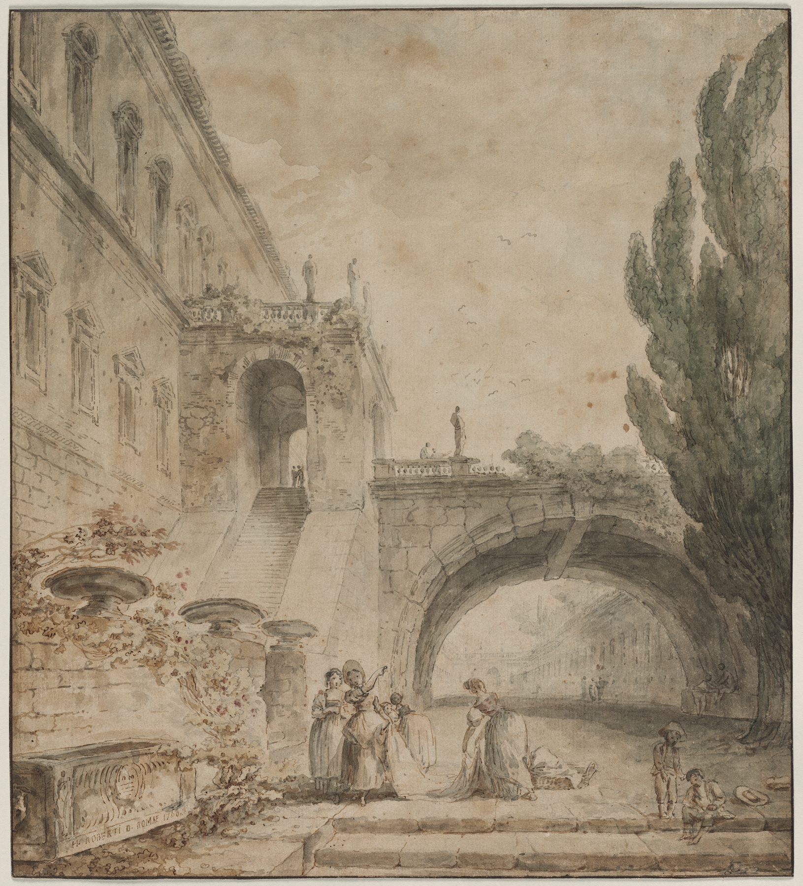 Rococo oil painting by Hubert Robert depicting a palace and arched bridge over water.