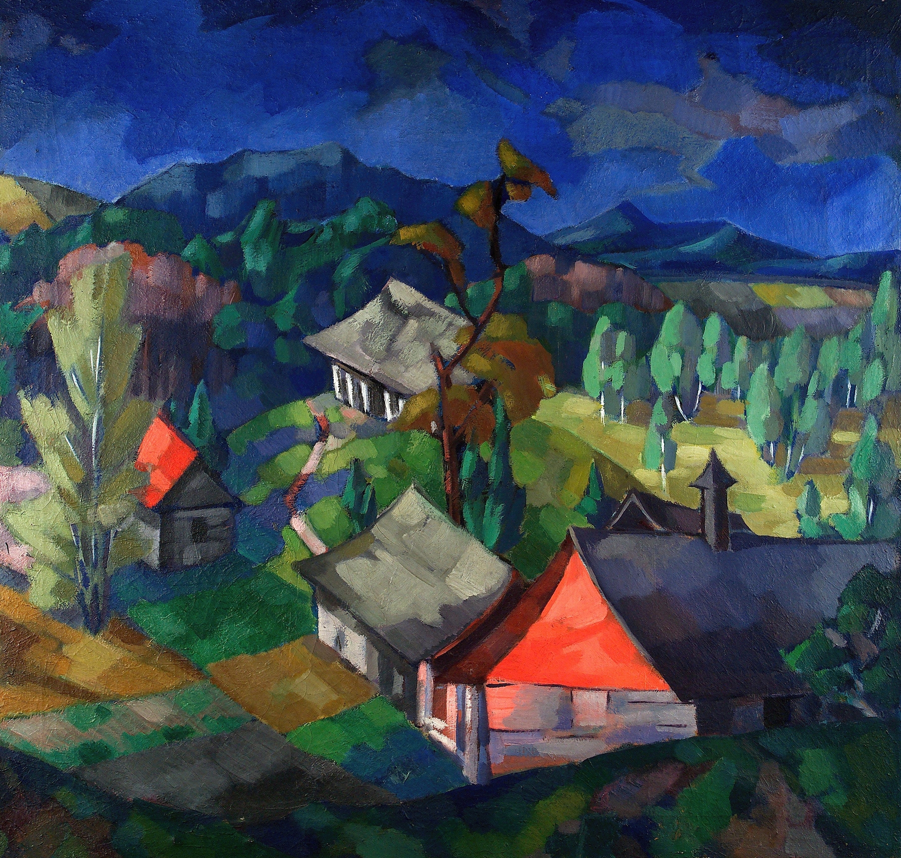 Landscape by Konrad Mägi, featuring deep blues and greens, oil painting.